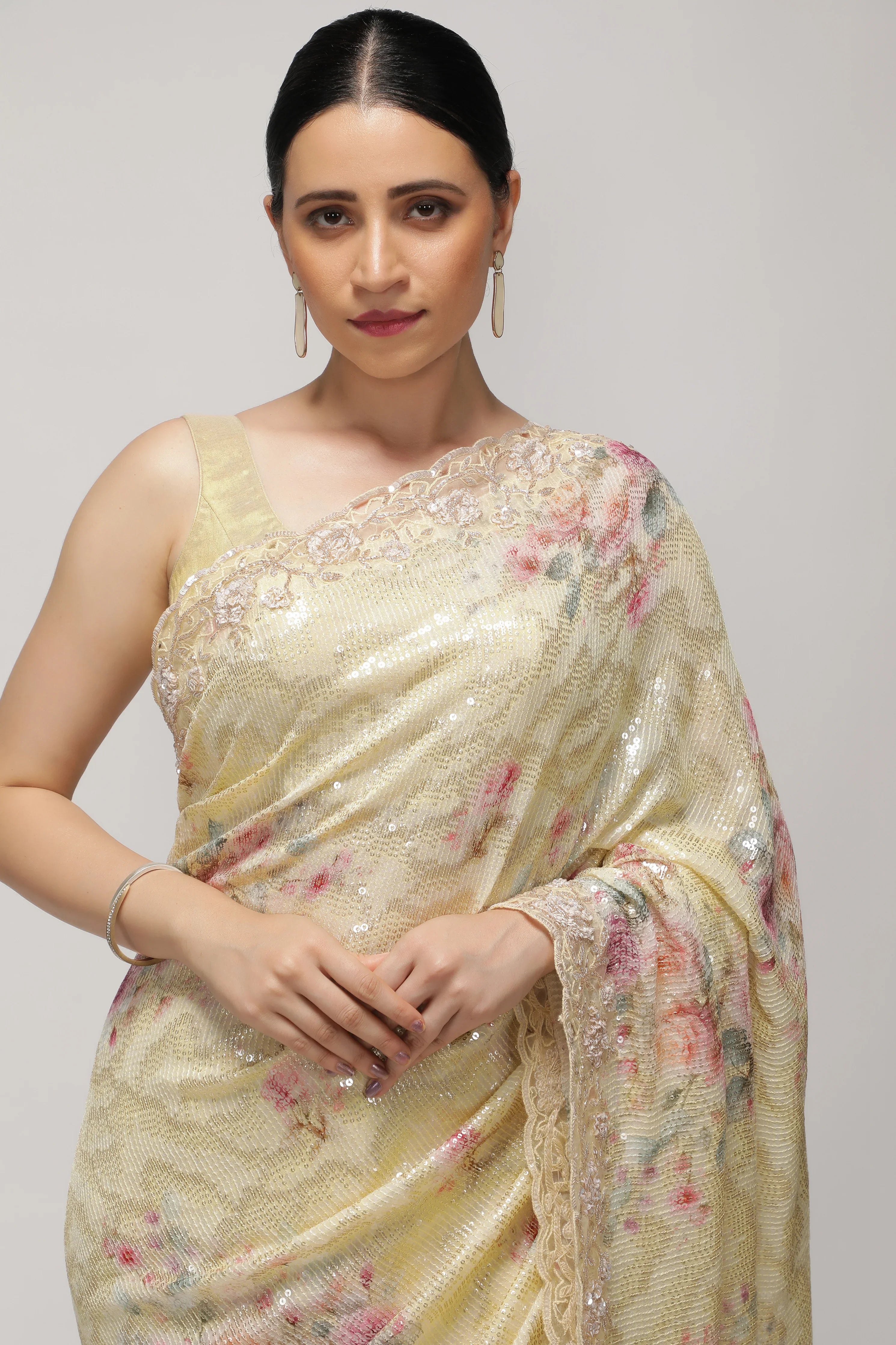 Pastel Lime Georgette Saree with Floral Print, Sequins & Cut Work Border - Mokshaa
