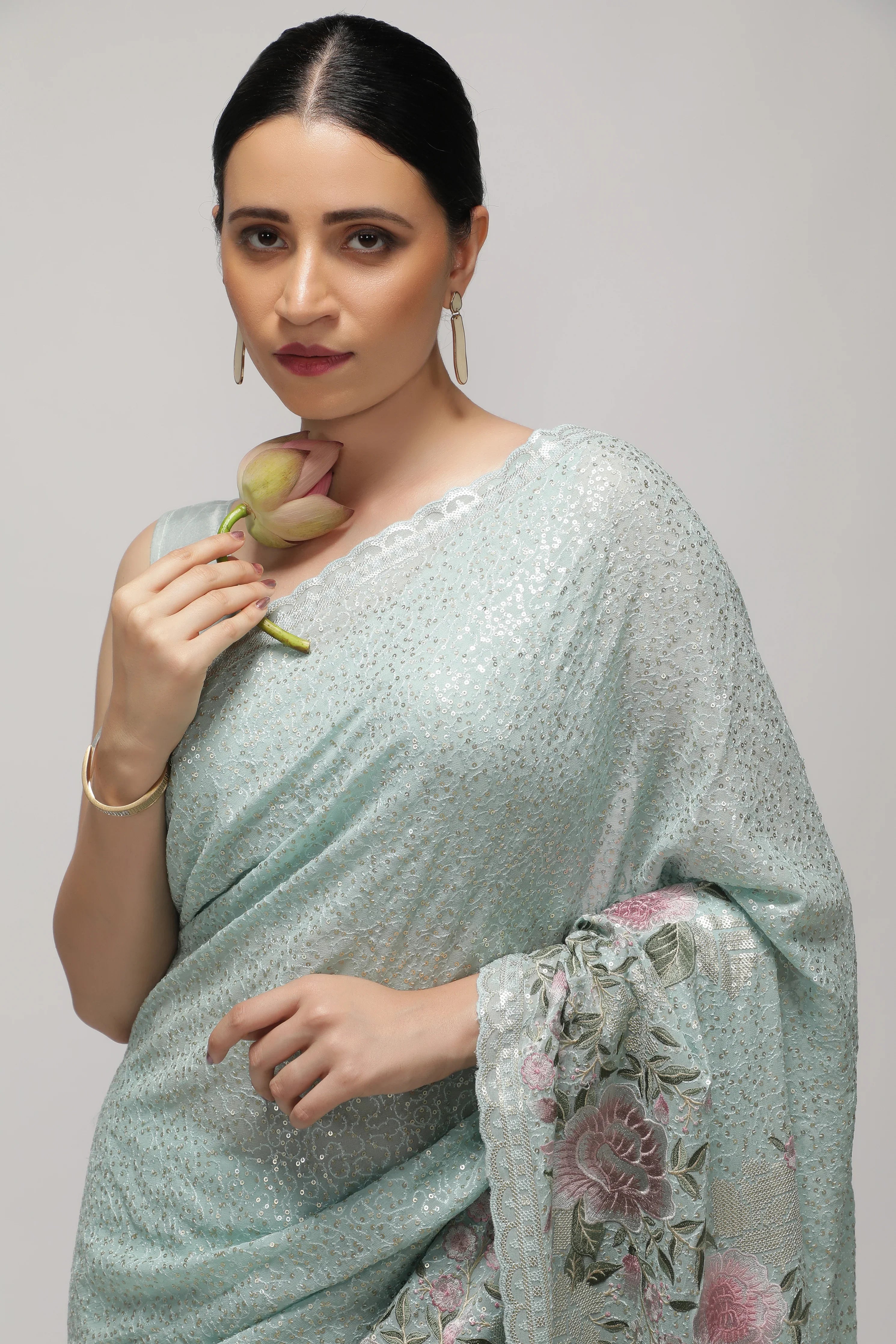 Sea Blue Georgette Saree with All-Over Sequins Body & Embroidered Border - Mokshaa