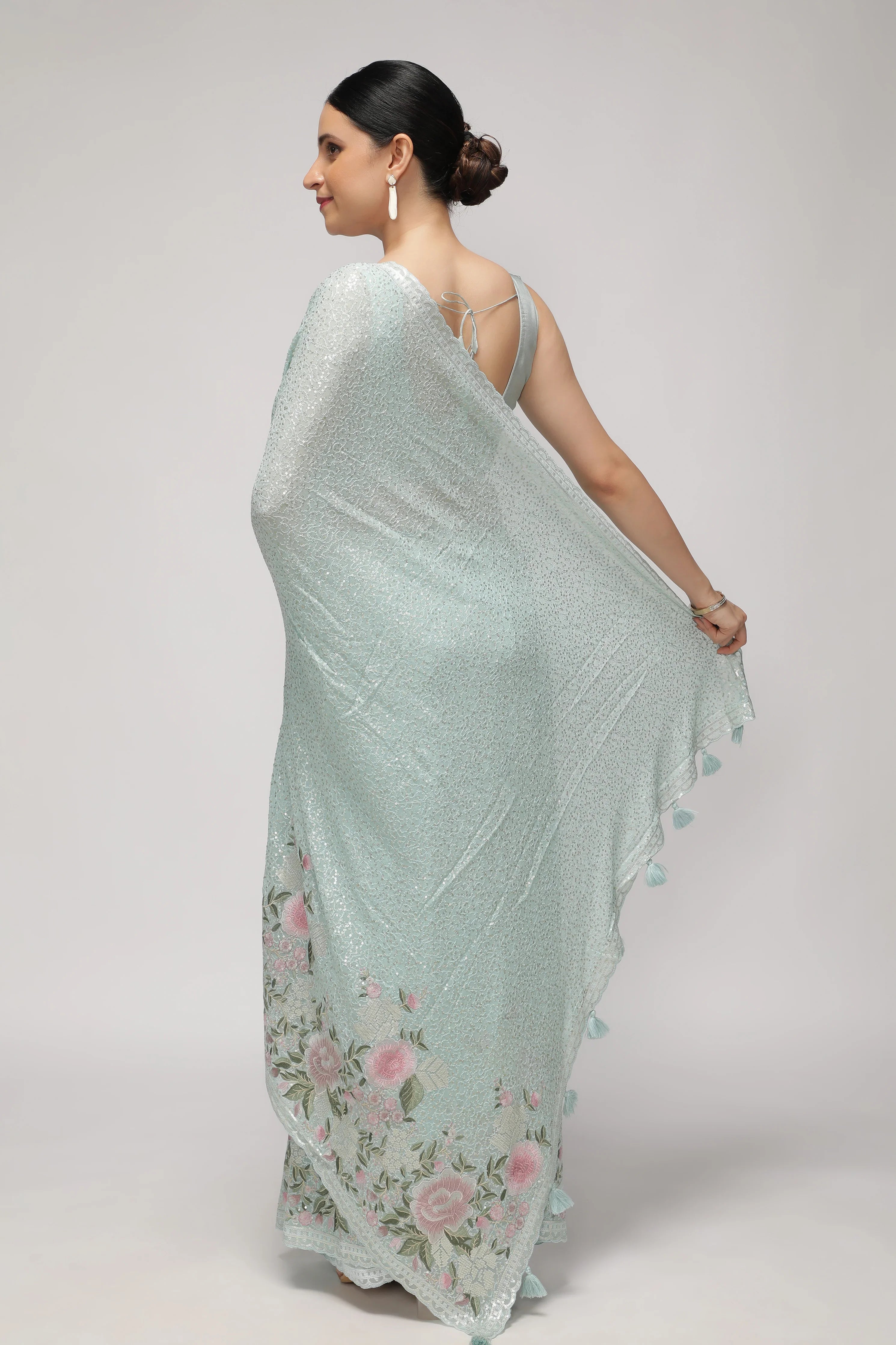 Sea Blue Georgette Saree with All-Over Sequins Body & Embroidered Border - Mokshaa