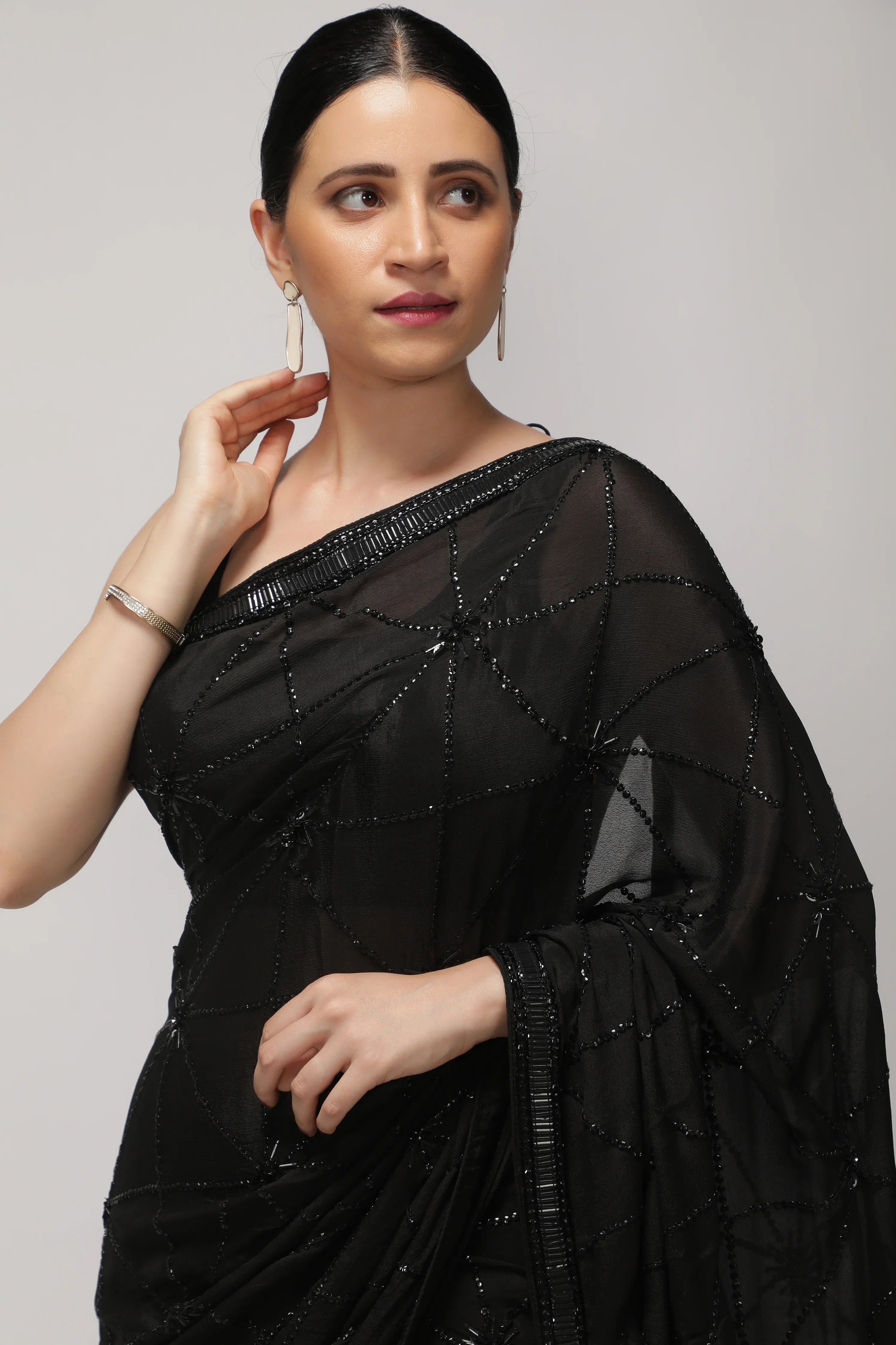 Black Crepe Chiffon Saree with All-Over Sequin Work - Mokshaa