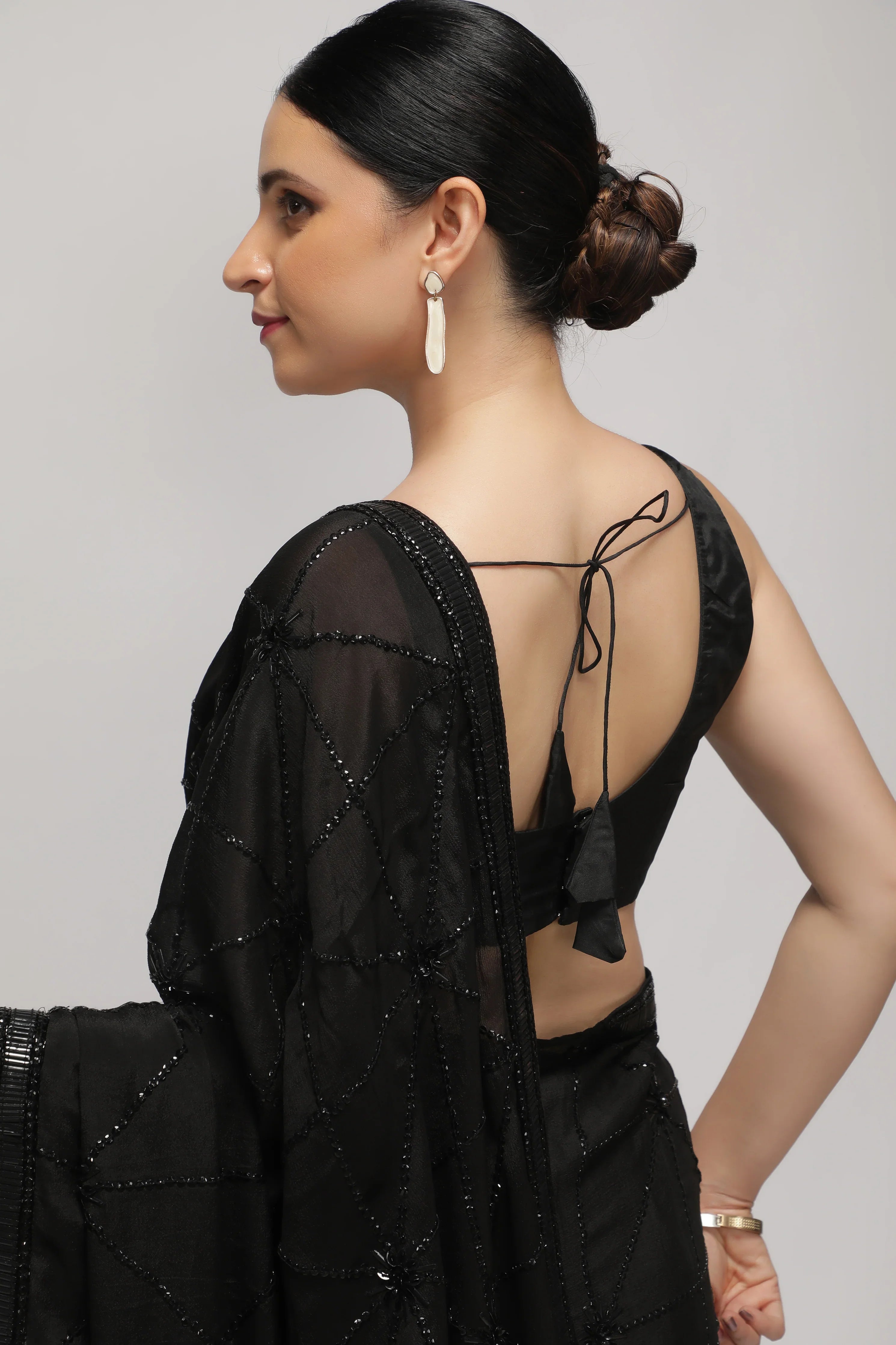 Black Crepe Chiffon Saree with All-Over Sequin Work - Mokshaa
