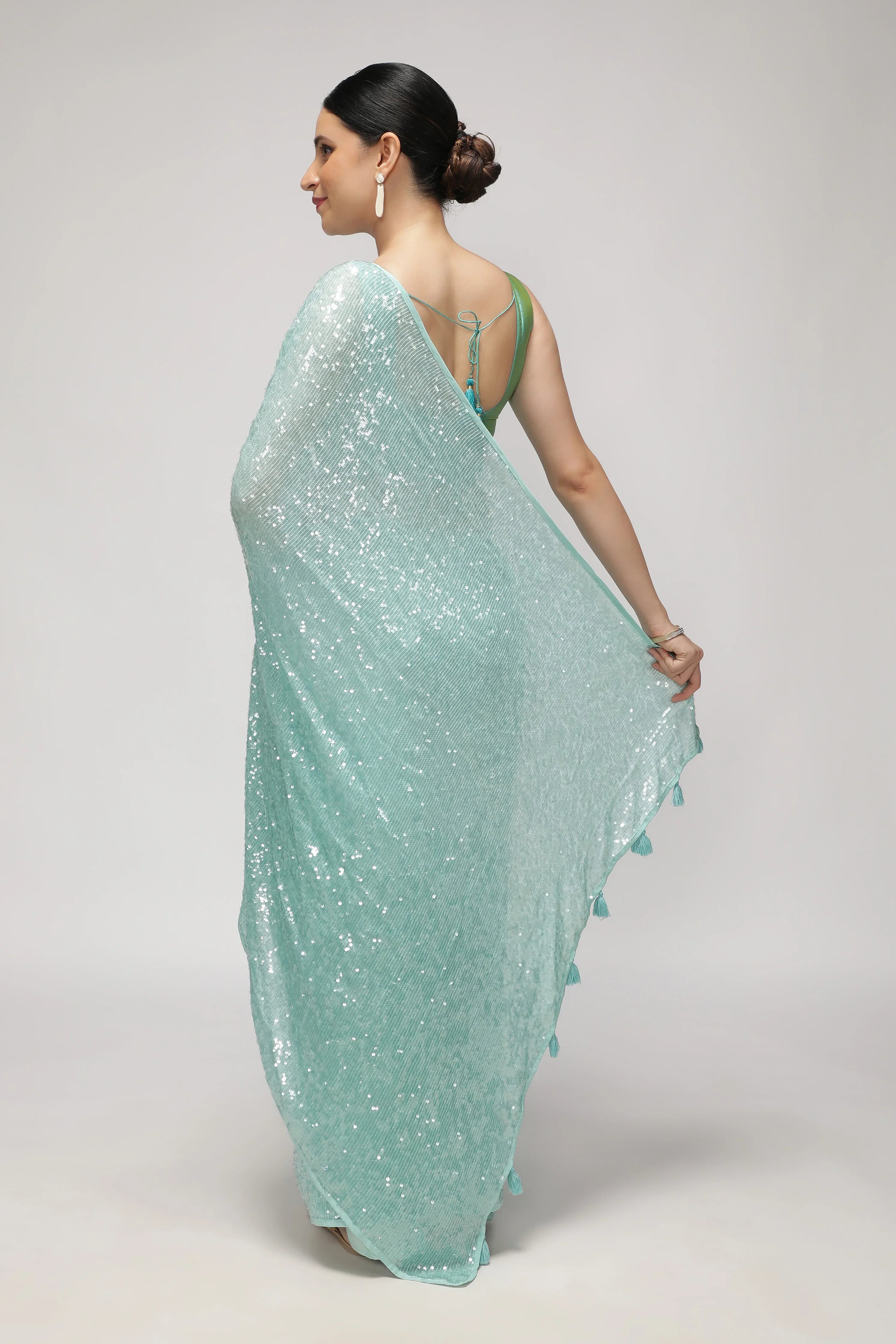 Aqua Blue Georgette Saree with Self Sequins & Thread Work - Mokshaa