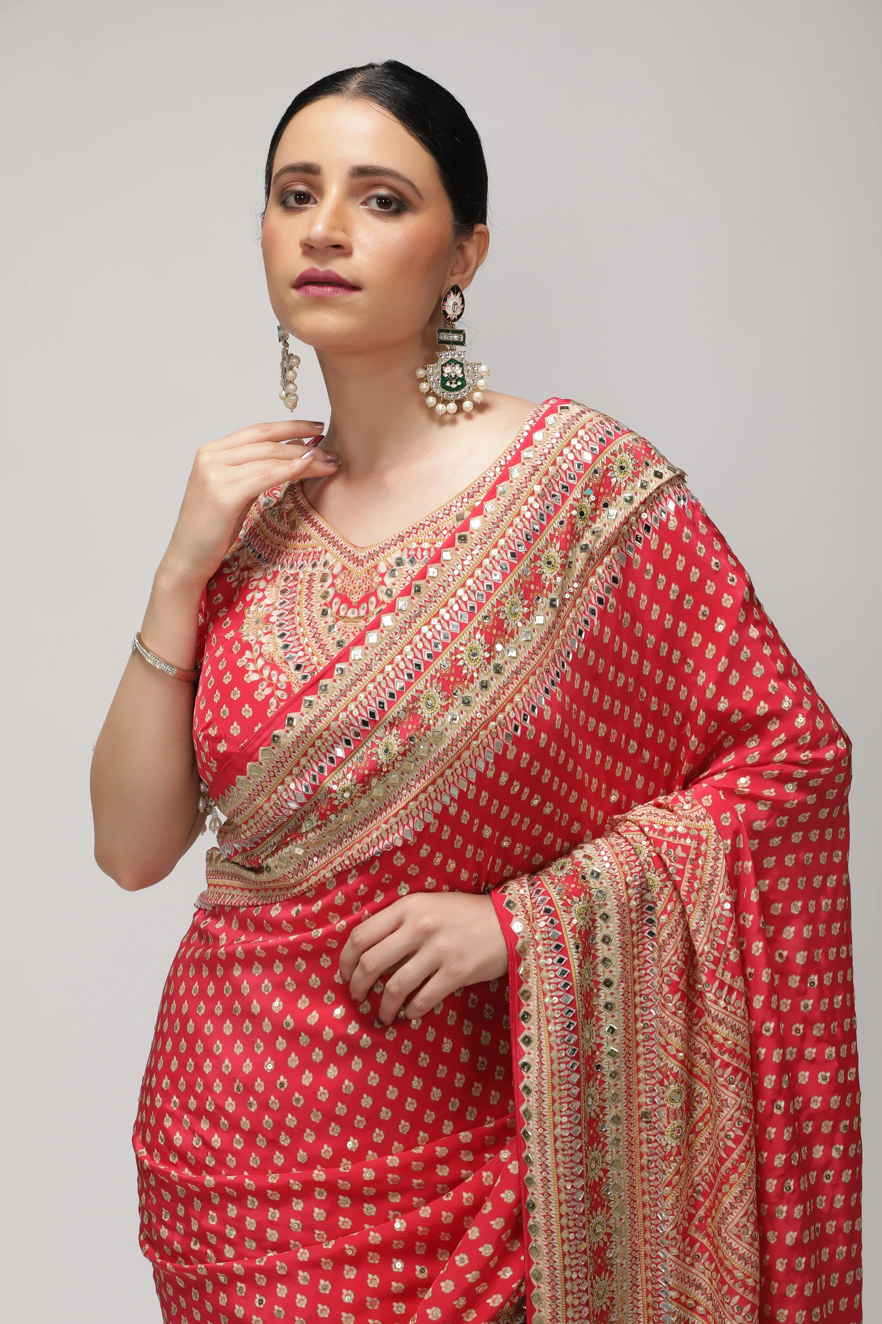 Maroonish Red Satin Silk Saree with All-Over Print, Sequin & Mirror Work - Mokshaa