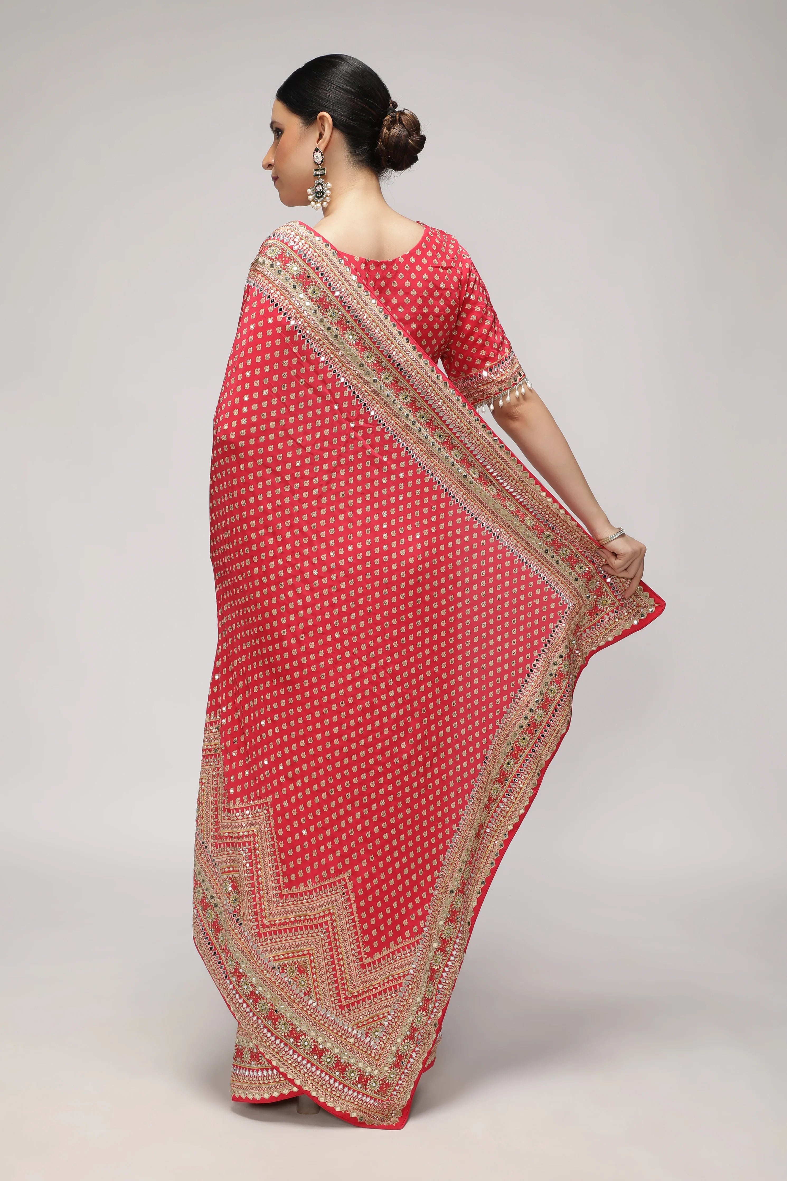 Maroonish Red Satin Silk Saree with All-Over Print, Sequin & Mirror Work - Mokshaa