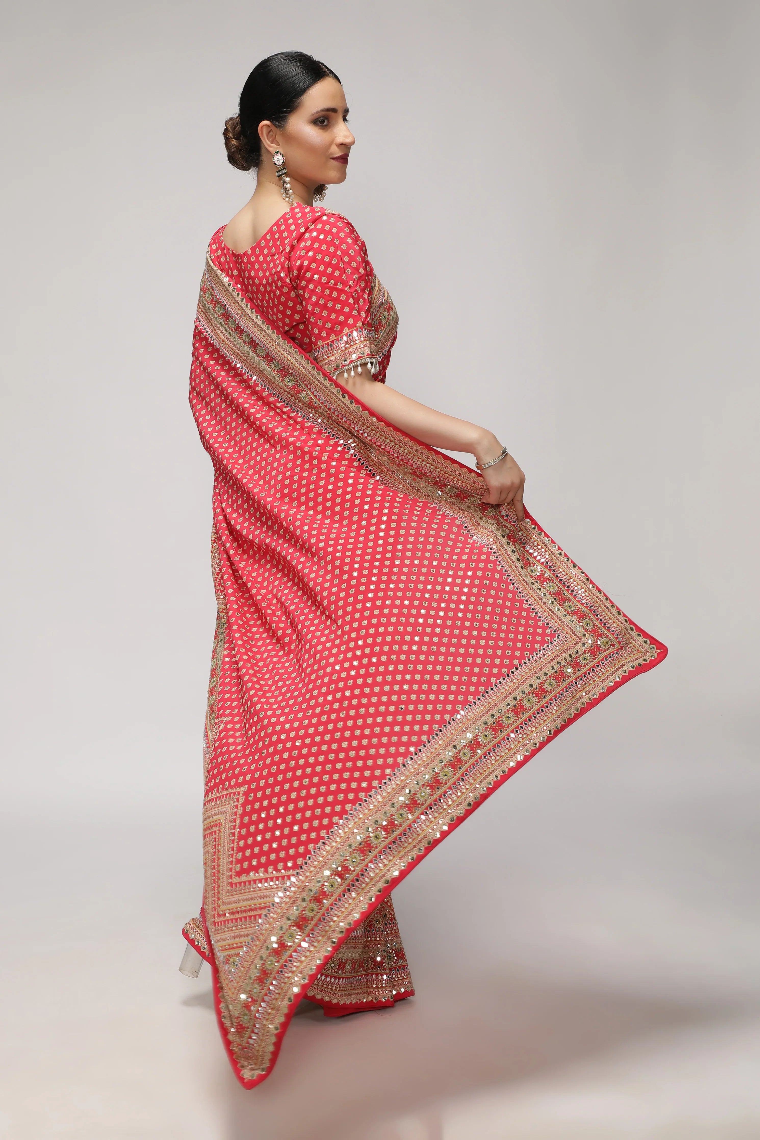 Maroonish Red Satin Silk Saree with All-Over Print, Sequin & Mirror Work - Mokshaa