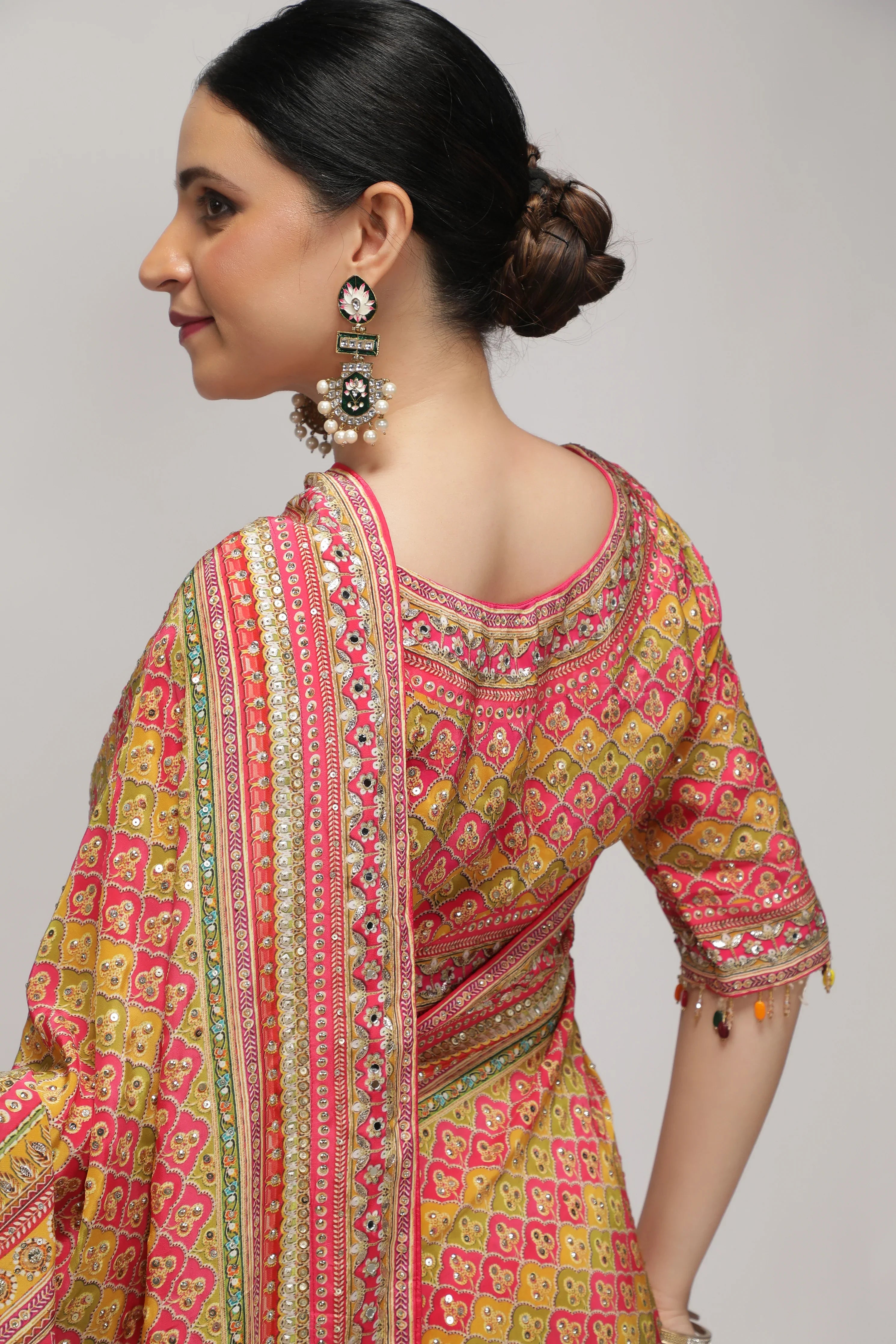 Multicolor Satin Silk Saree with All-Over Print & Sequin Embellishments - Mokshaa