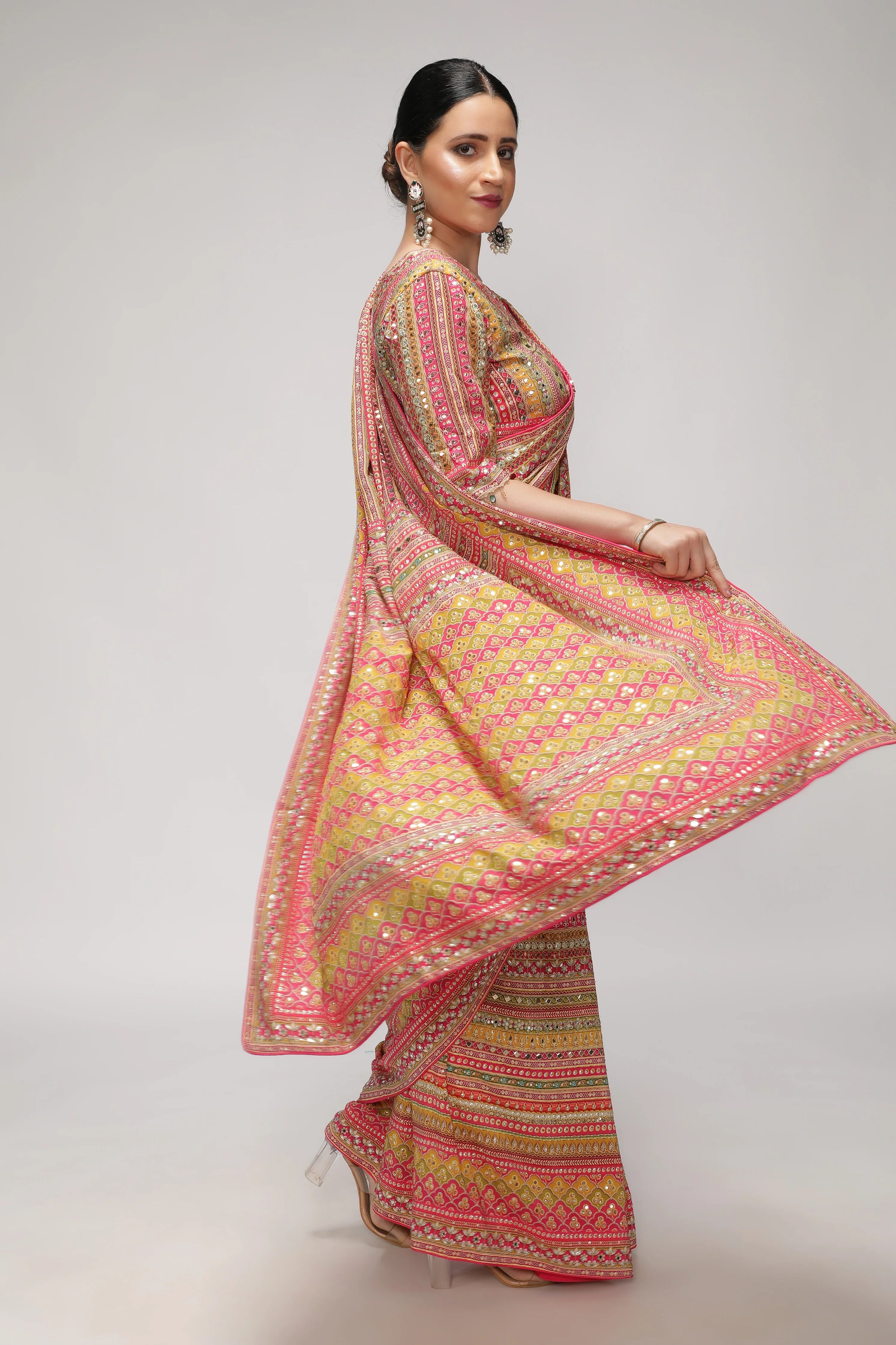 Multicolor Satin Silk Saree with All-Over Print, Sequin & Mirror Work - Mokshaa