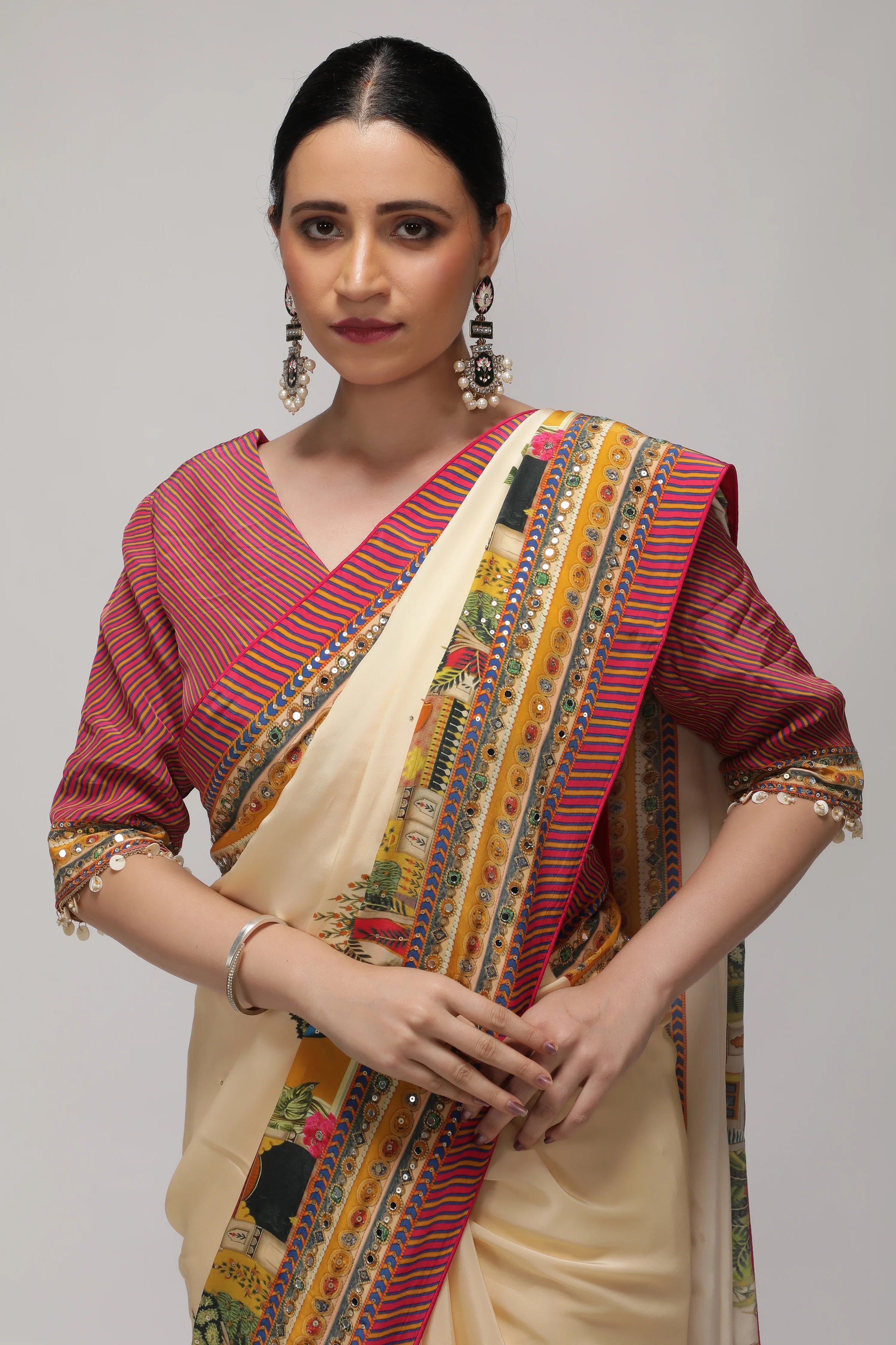 Cream Satin Silk Saree with Multicolor Printed Border - Mokshaa