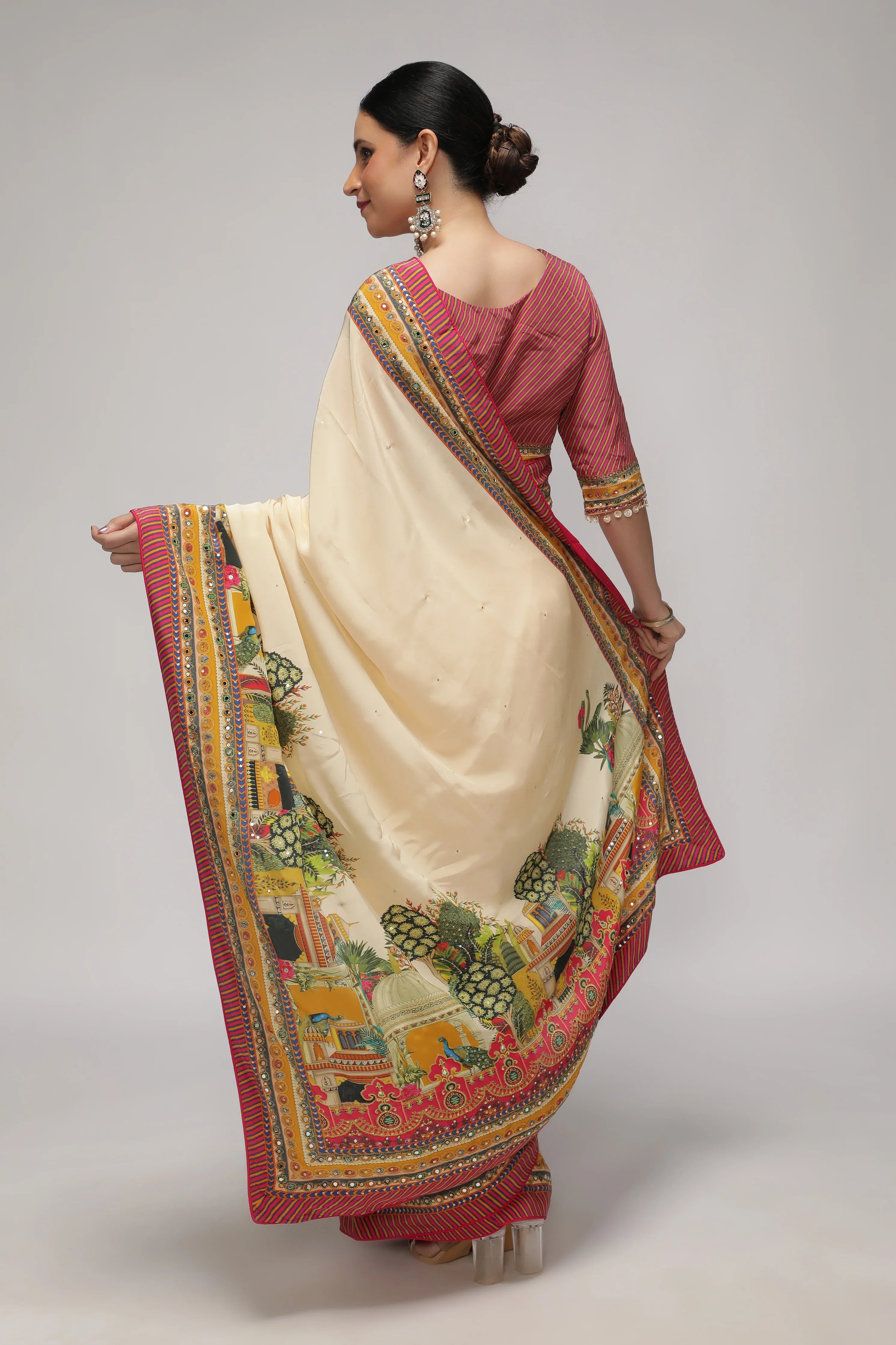 Cream Satin Silk Saree with Multicolor Printed Border - Mokshaa
