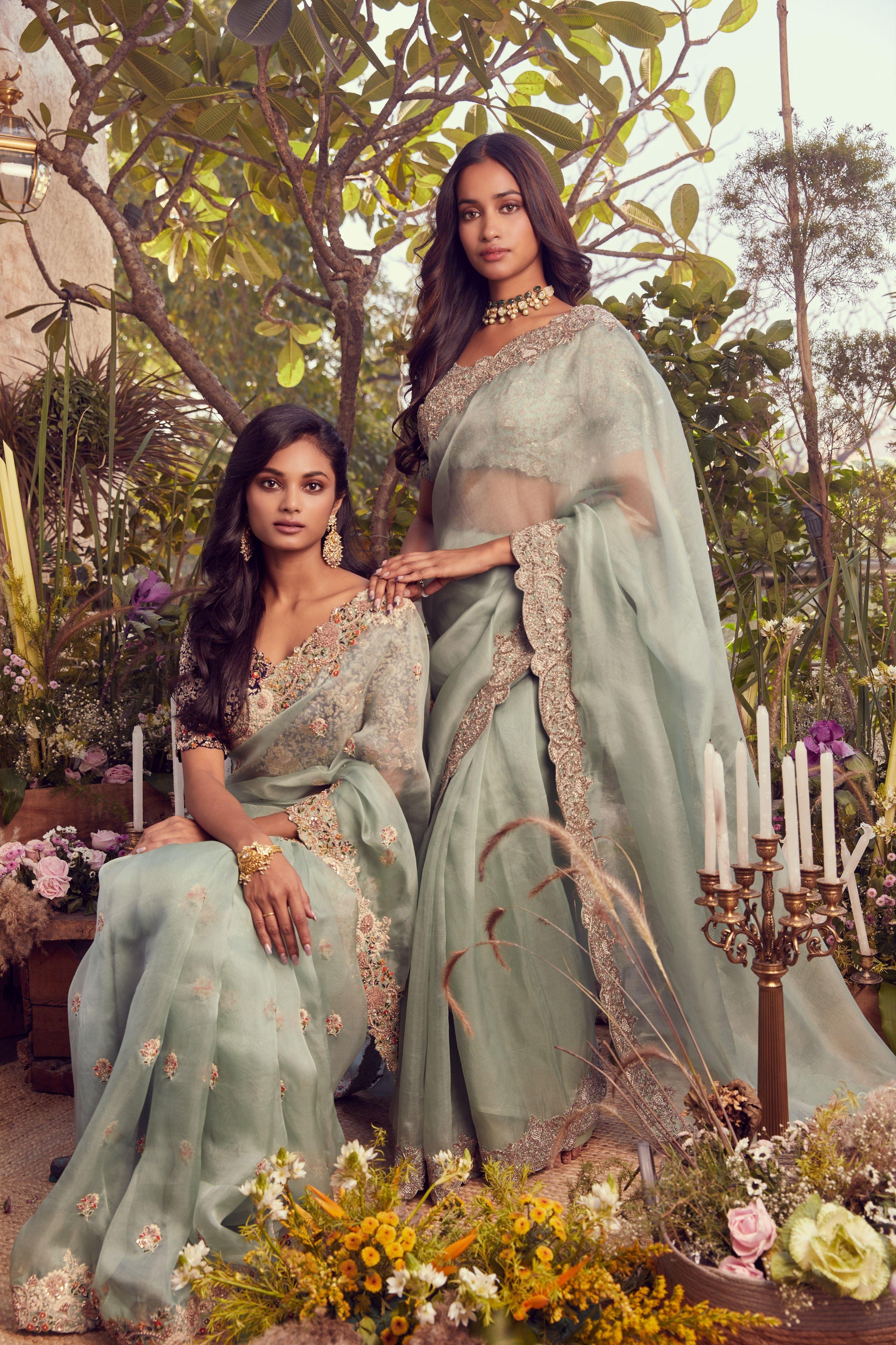 Aqua Organza Saree With Silk Blouse - Mokshaa