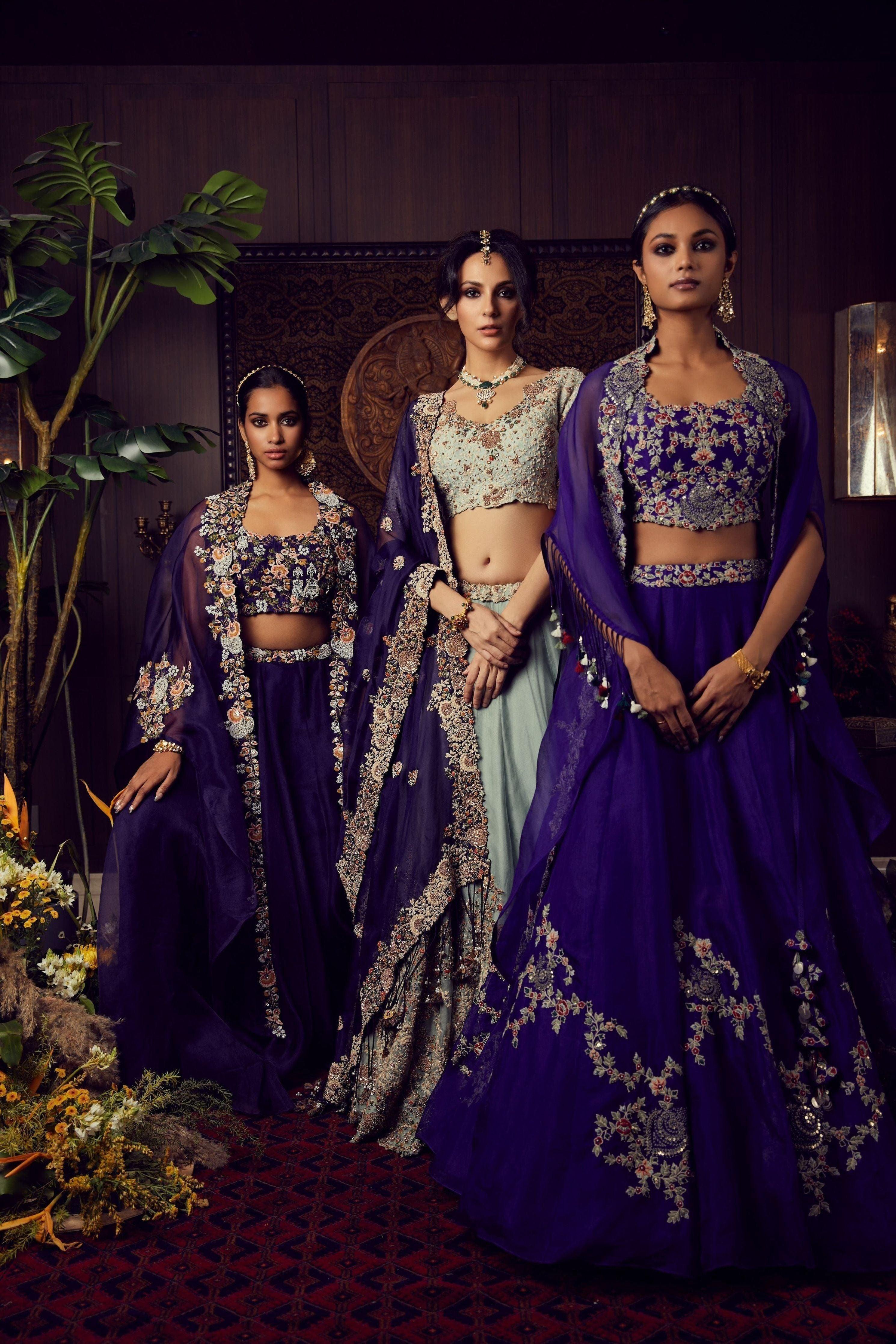 Dark Aubergine Organza Lehenga And Organza Cape With Silk Blouse - Mokshaa