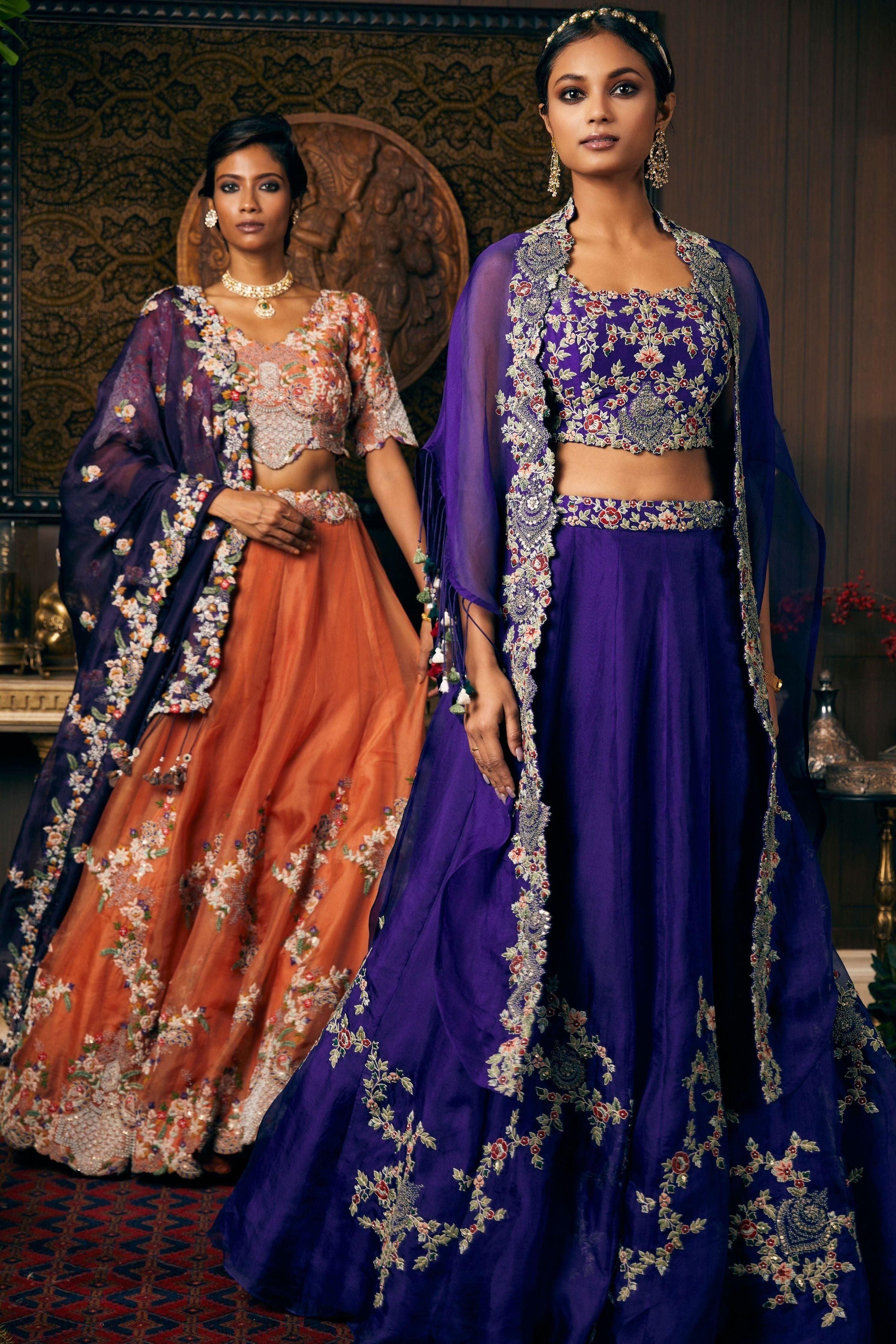 Dark Aubergine Organza Lehenga And Organza Cape With Silk Blouse - Mokshaa