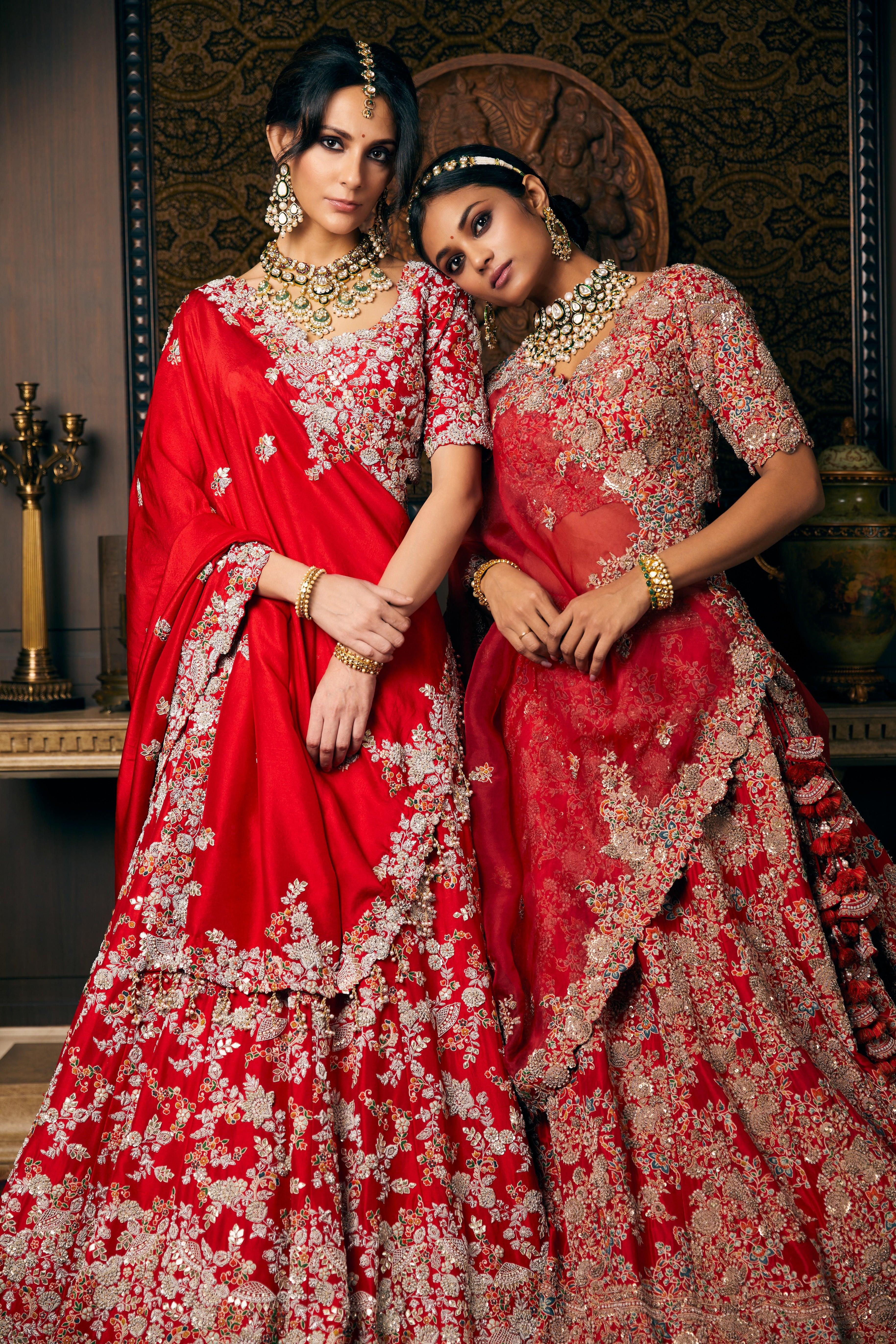 Blood Red Silk Lehenga And Blouse With Organza Dupatta And Veil - Mokshaa