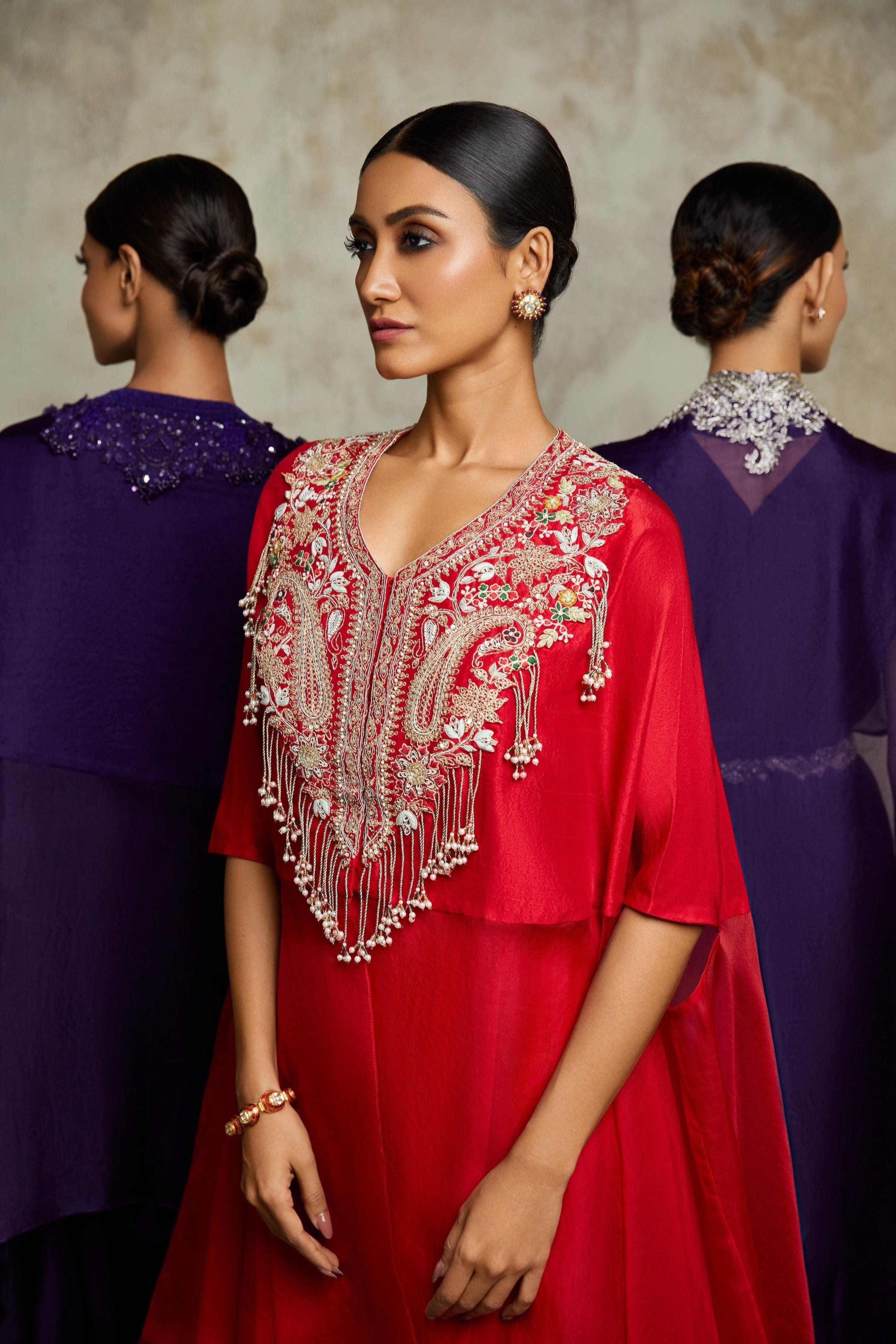 Blood Red Organza And Silk Kaftaan With Silk Bustier And Cotton Satin Pants - Mokshaa