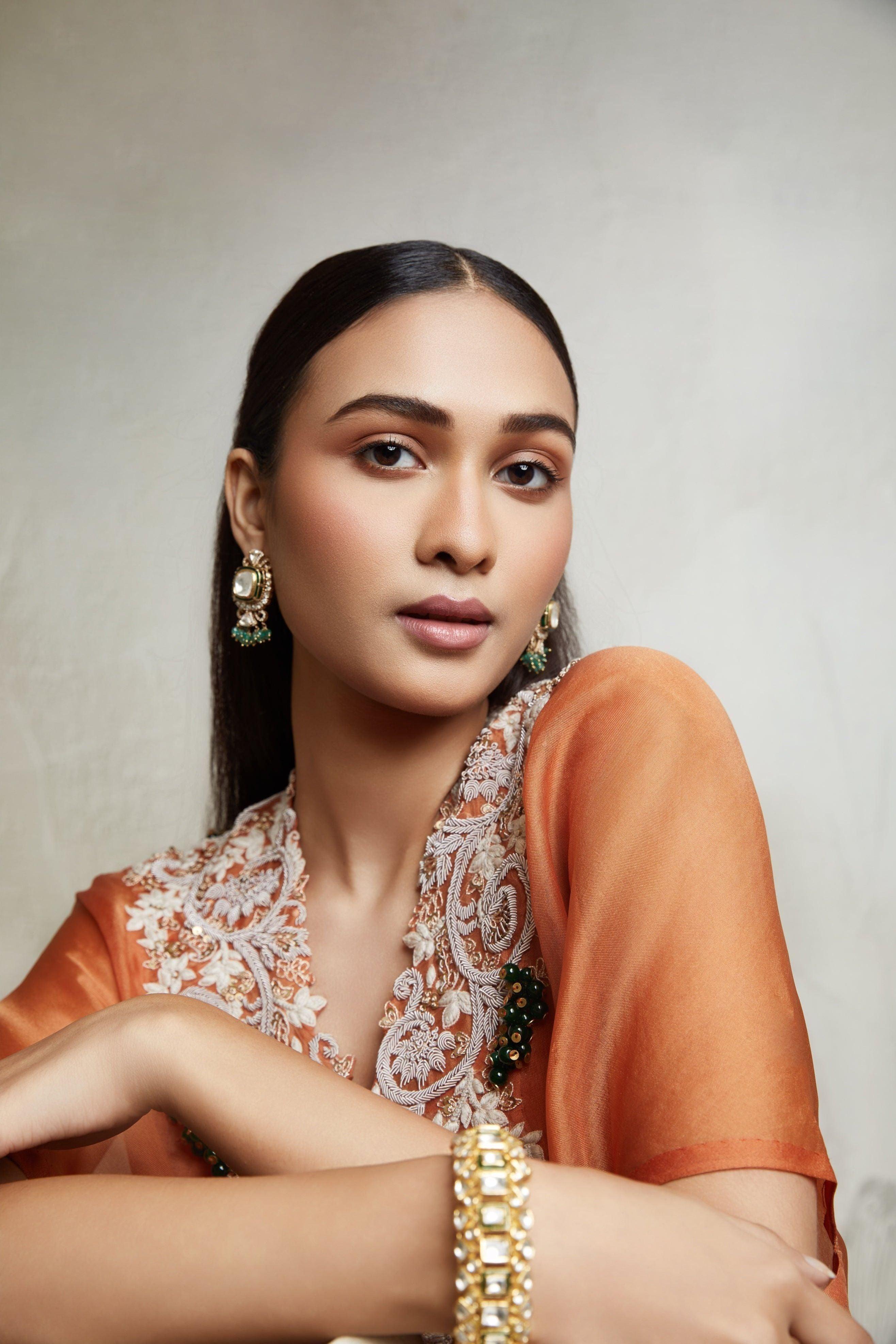 Rust Pull Dori Kaftan Set with Bustier & Asymmetric Pants - Mokshaa