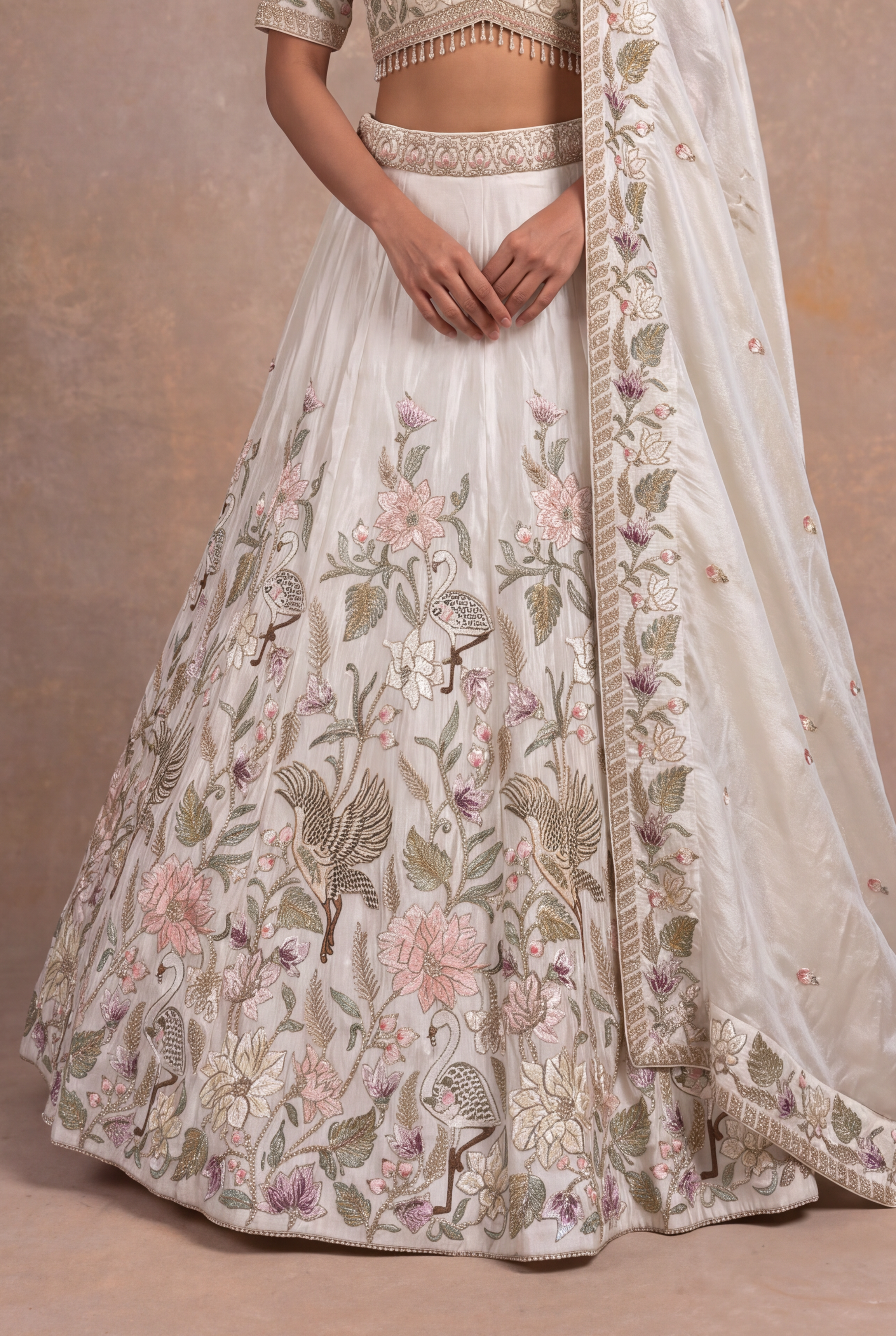 Grey Tissue Lehenga with Bird & Floral Thread Embroidery