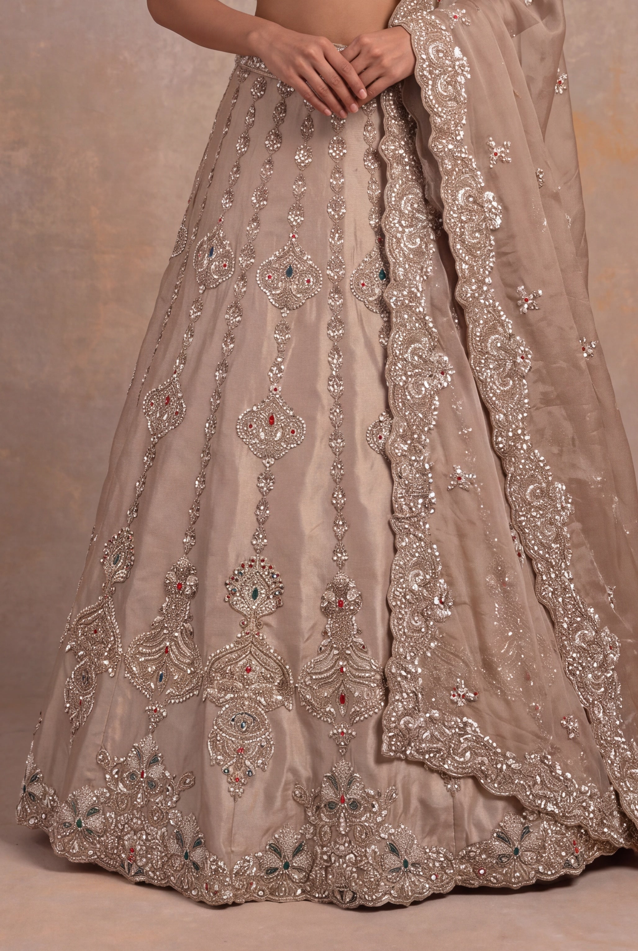 Golden Tissue Lehenga with Multicolour Kundan & Sequin Embroidery