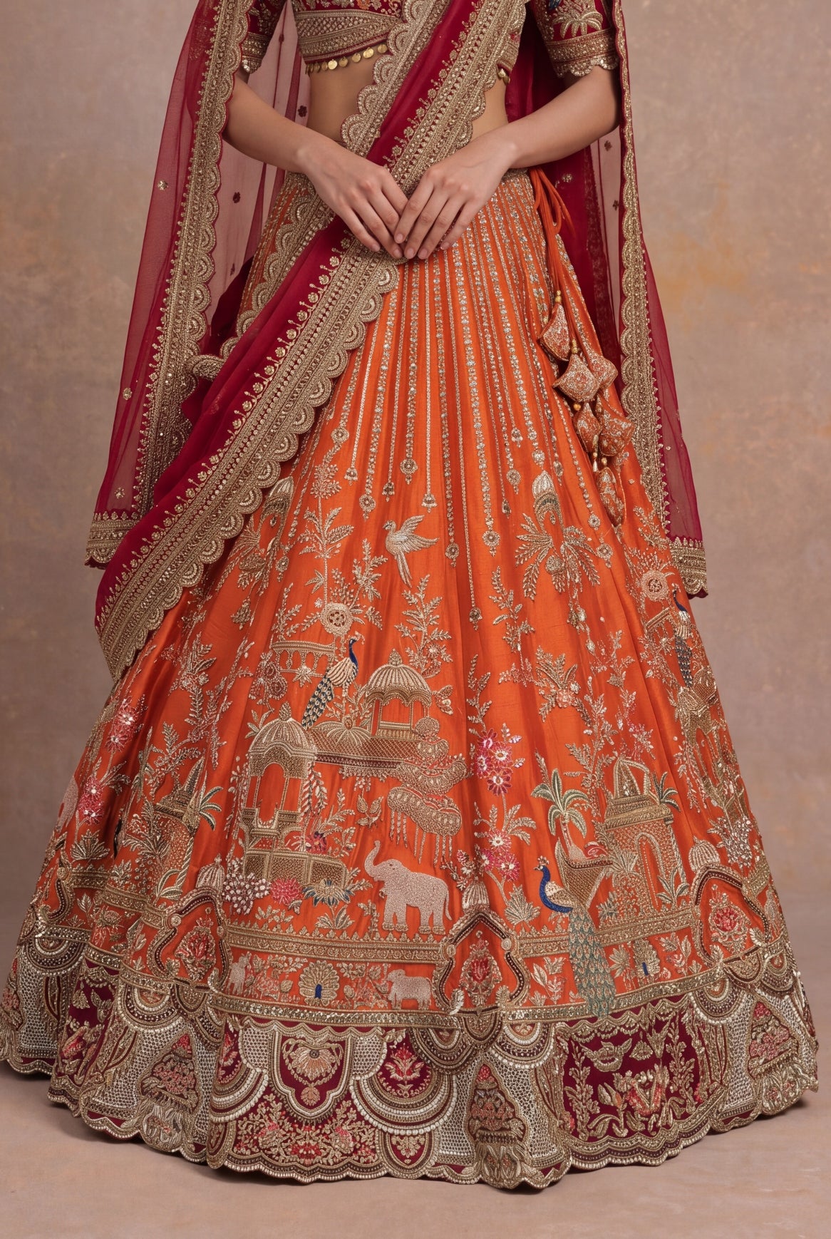 Rust Orange Raw Silk Bridal Lehenga with Zardozi Palace Motifs