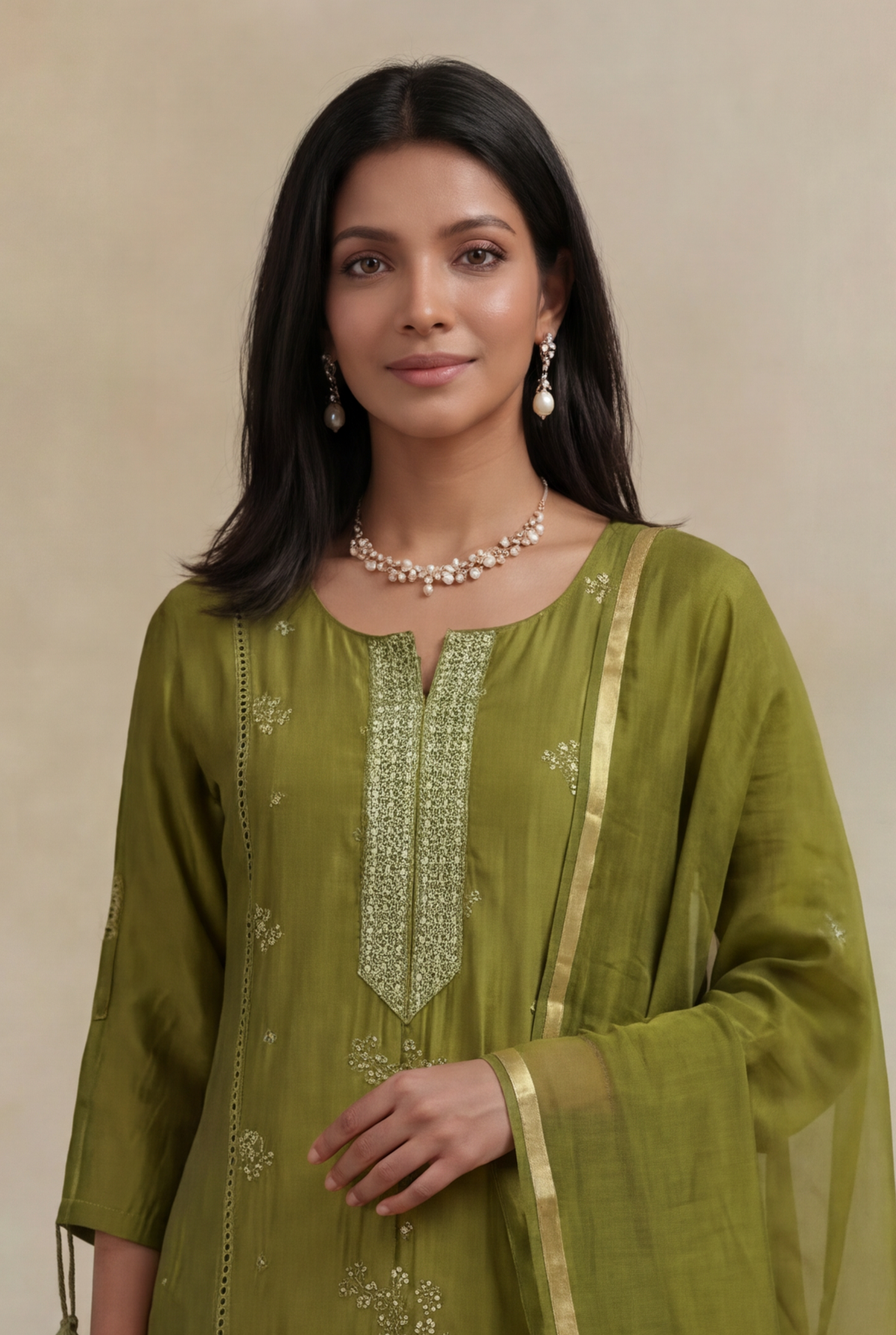 Olive Green Mulmul Cotton Straight Cut Salwar Set