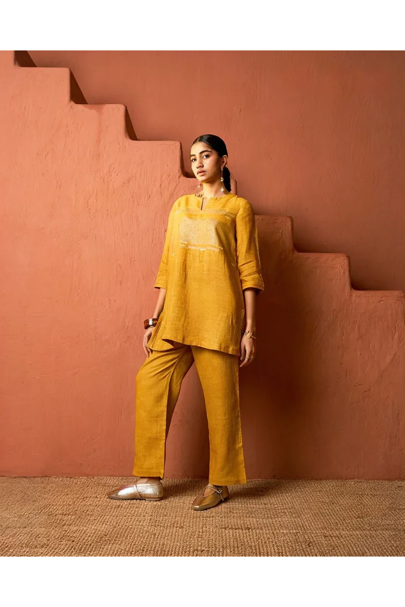 Mustard Yellow Linen Co-ord Set | Kurti | Mokshaa