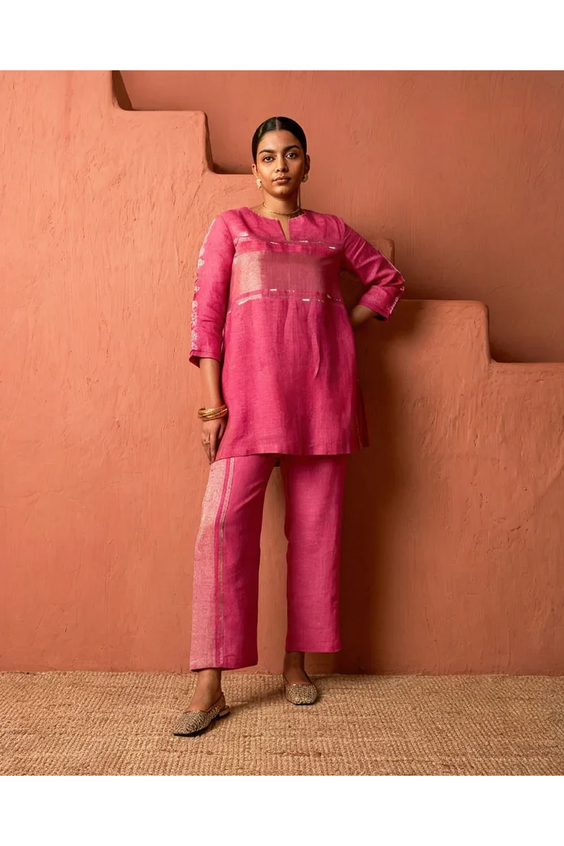 Rose Pink Linen Co-ord Set with Metallic Detailing | Kurti | Mokshaa
