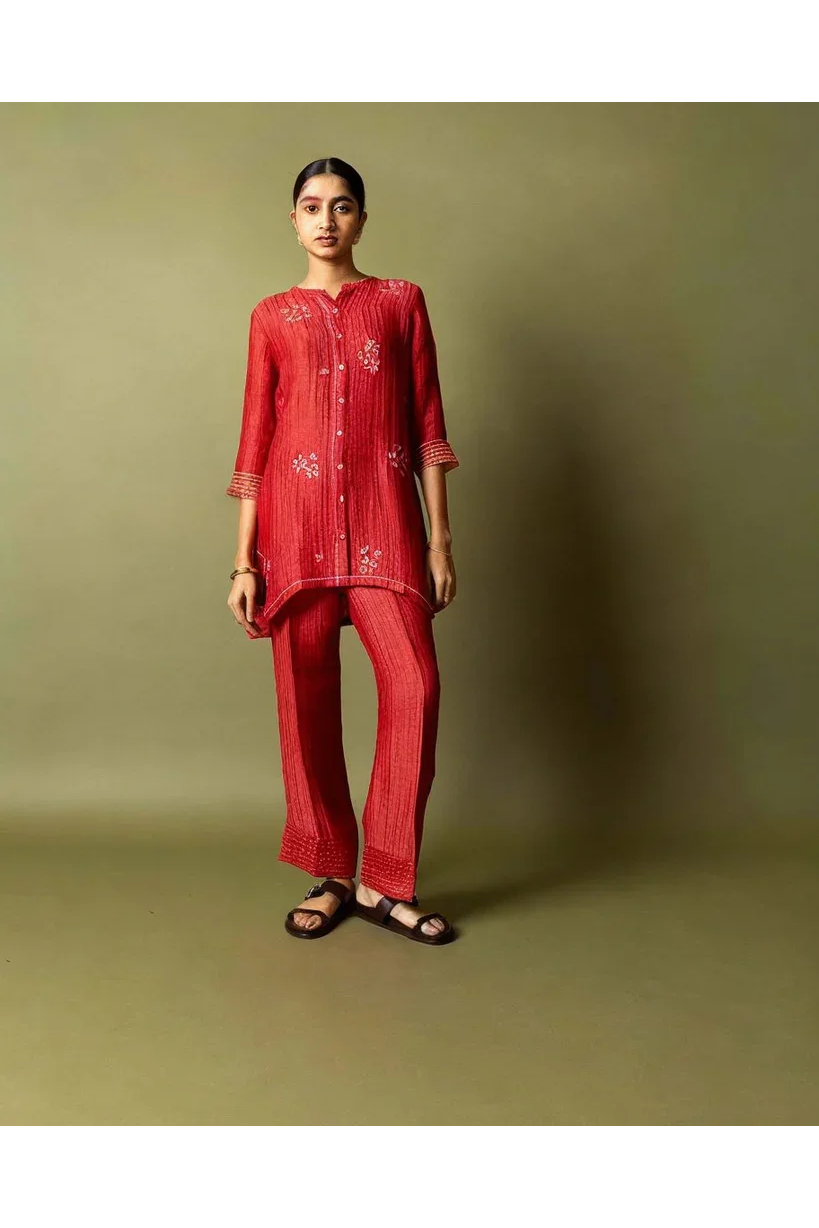 Red Textured Cotton Co-ord Set | Kurti | Mokshaa
