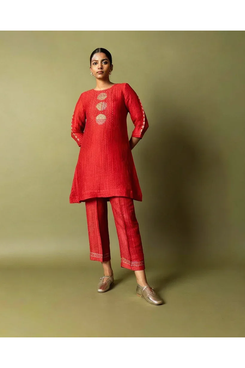 Red Motif Textured Cotton Co-ord Set | Kurti | Mokshaa