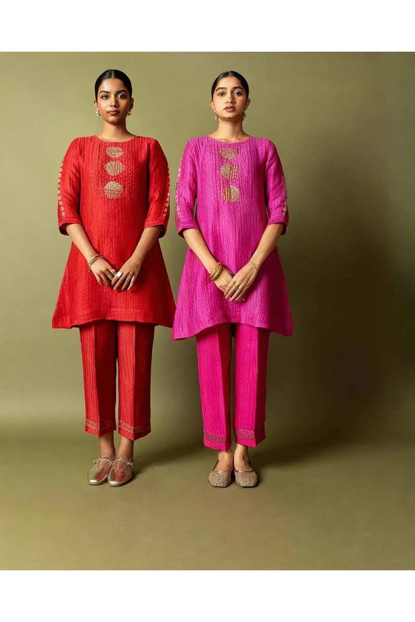 Red Motif Textured Cotton Co-ord Set | Kurti | Mokshaa