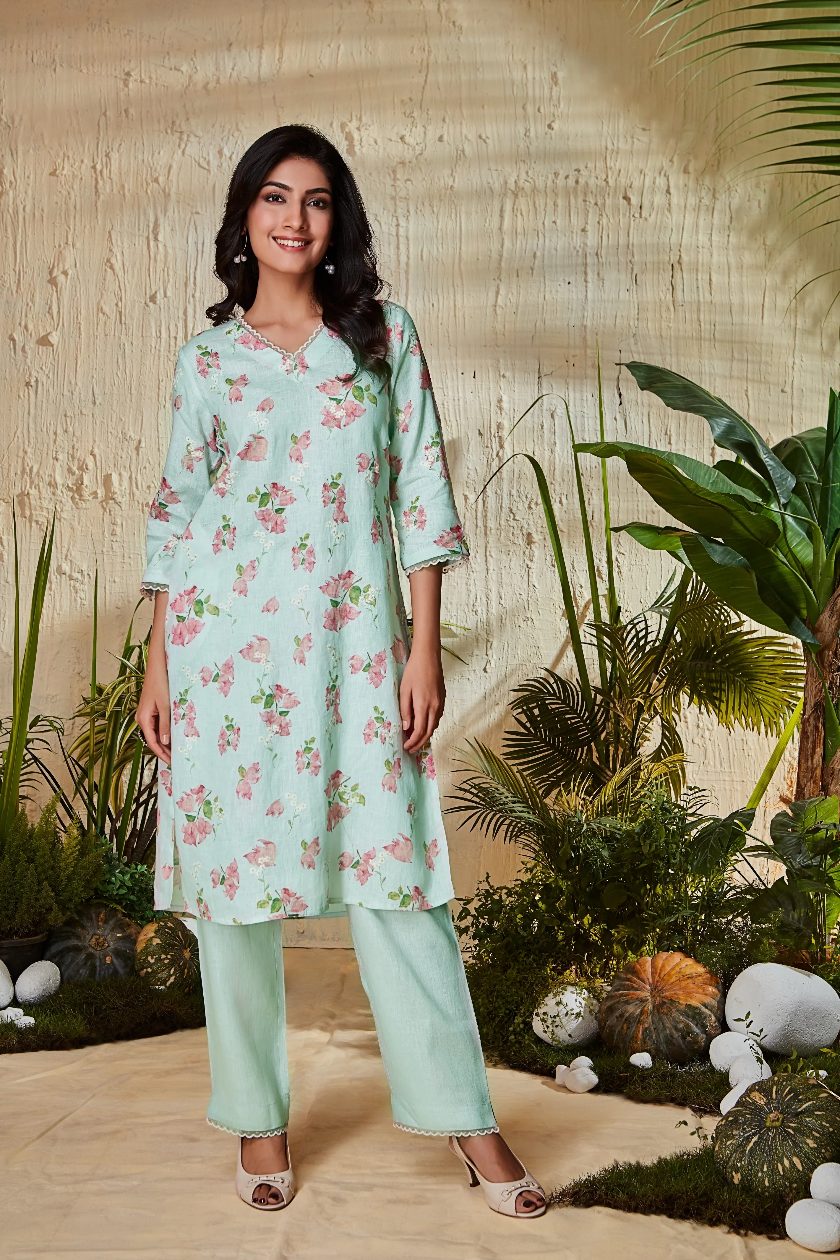 Mint Green Floral Print Kurta Set - Mokshaa