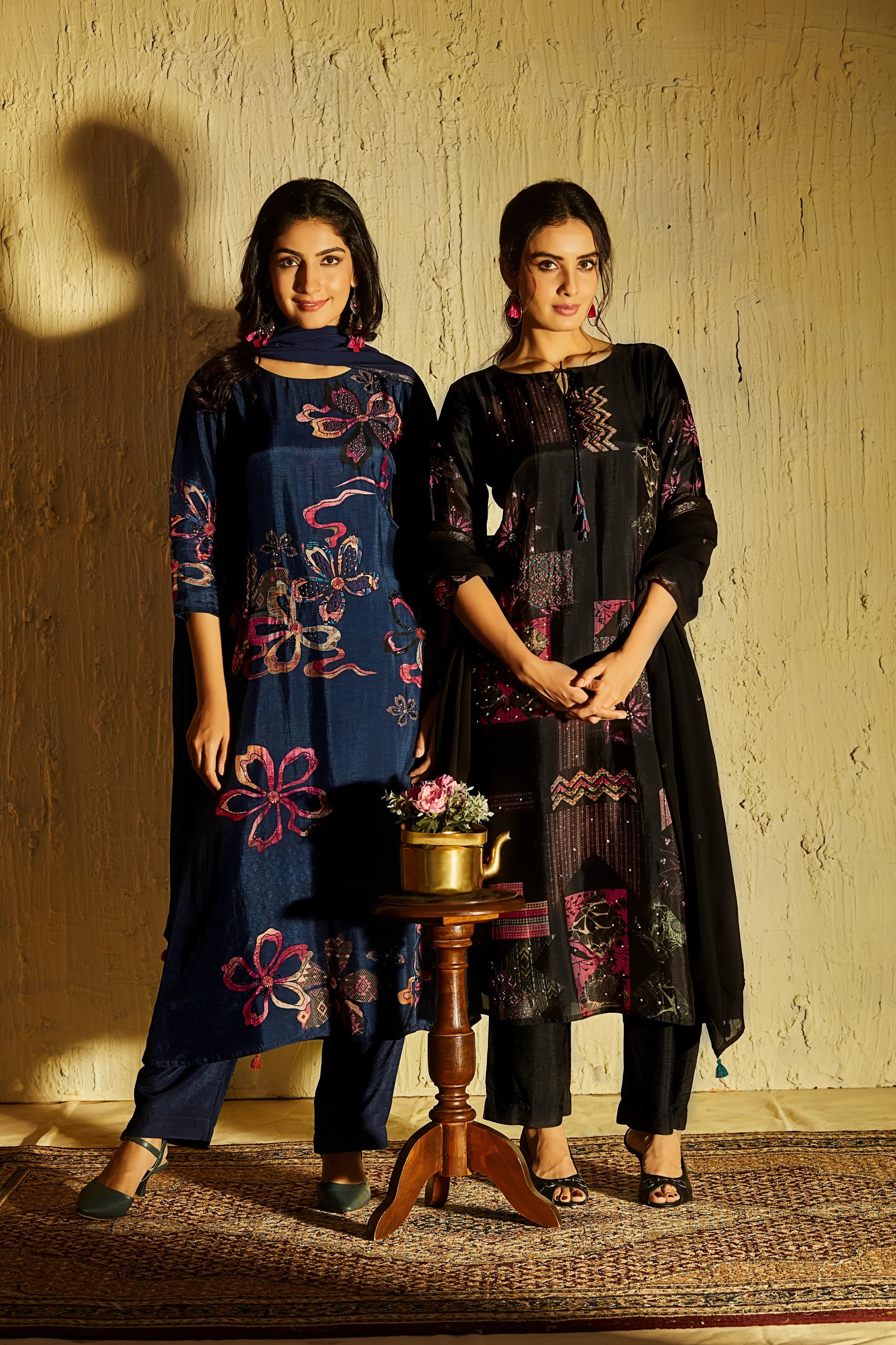 Black Crepe Suit Set with Geometric Abstract Print - Mokshaa