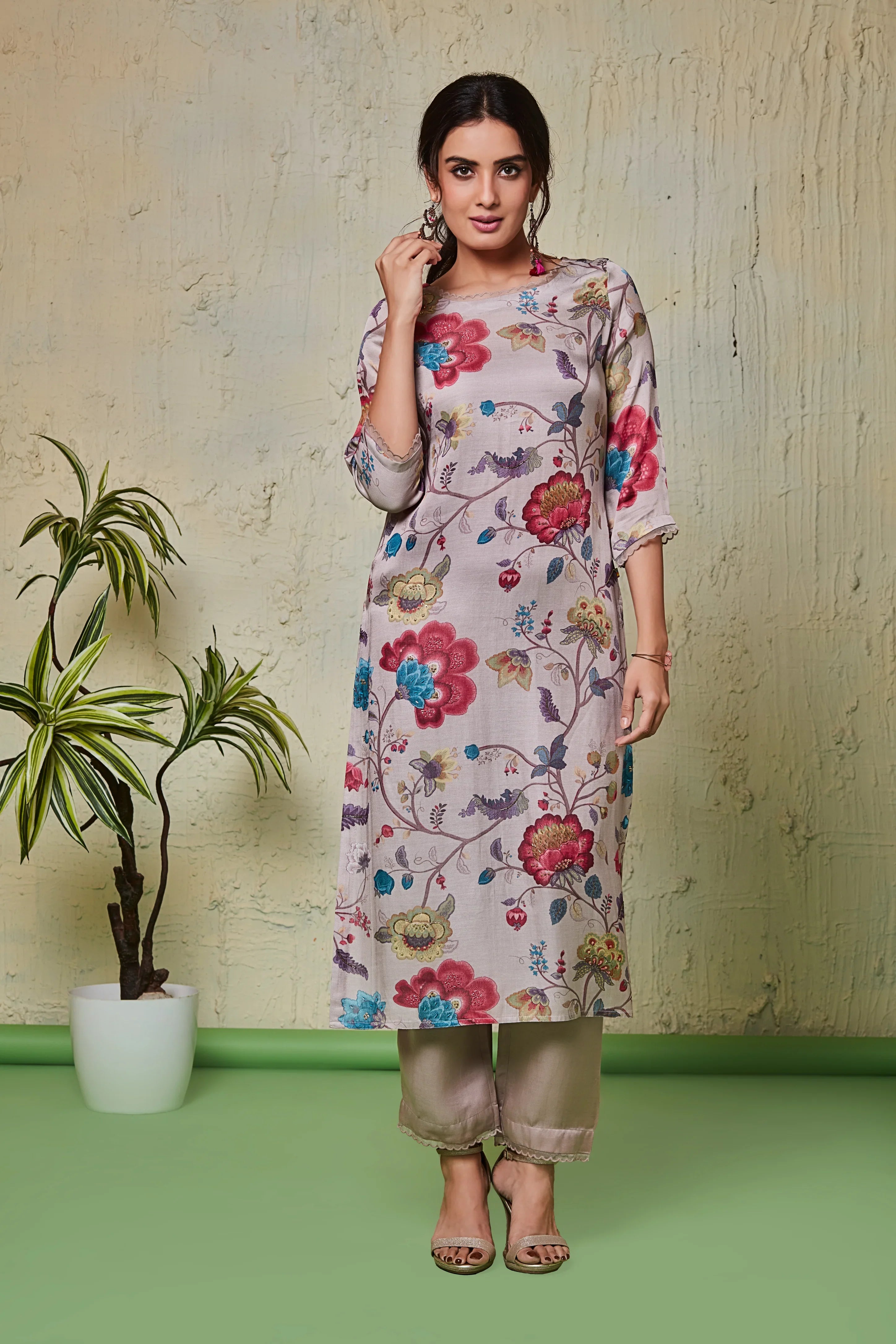 Pastel Floral Crepe Suit Set - Mokshaa