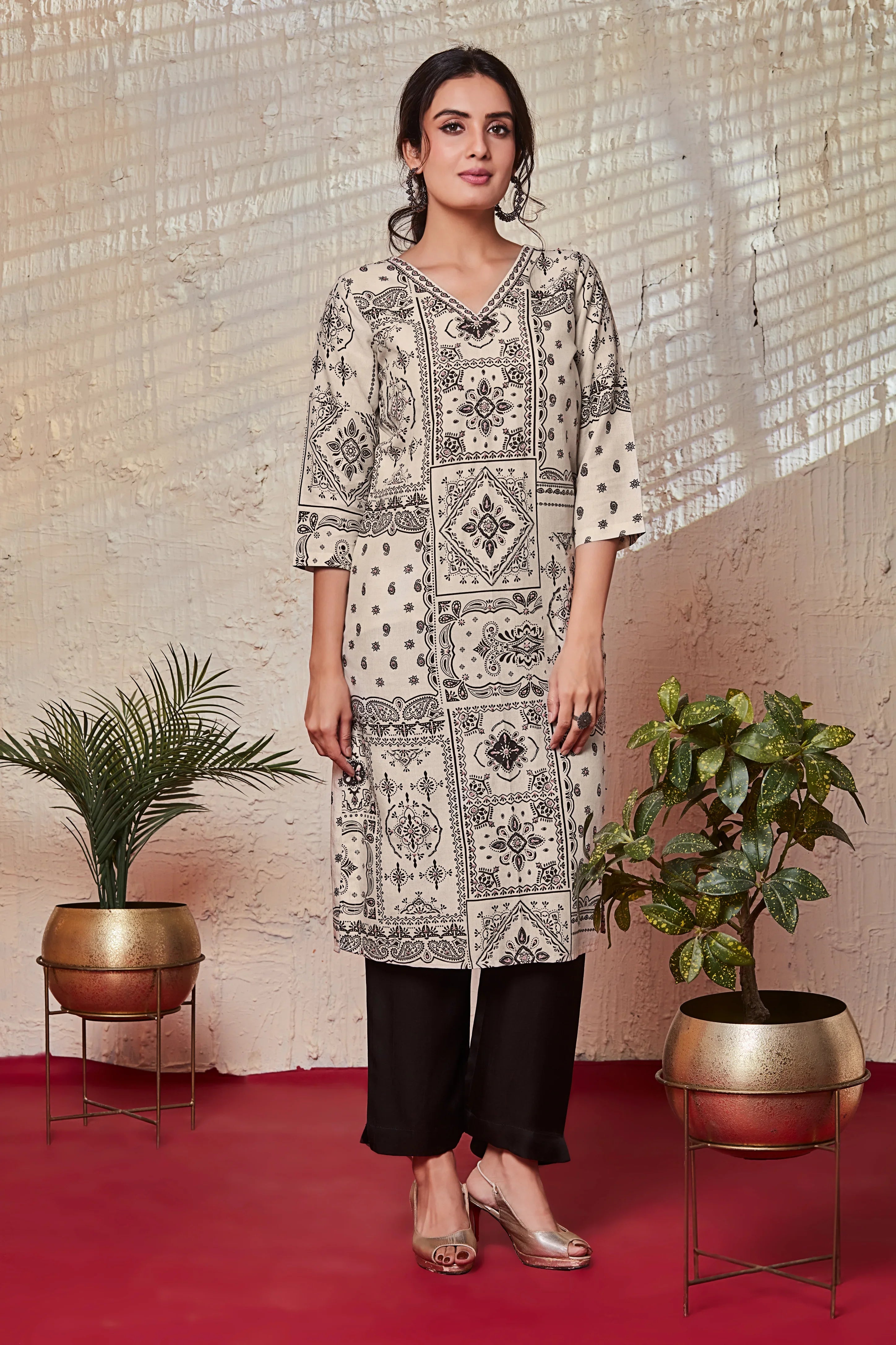 Ivory Black Tile Print Crepe Kurta Set - Mokshaa