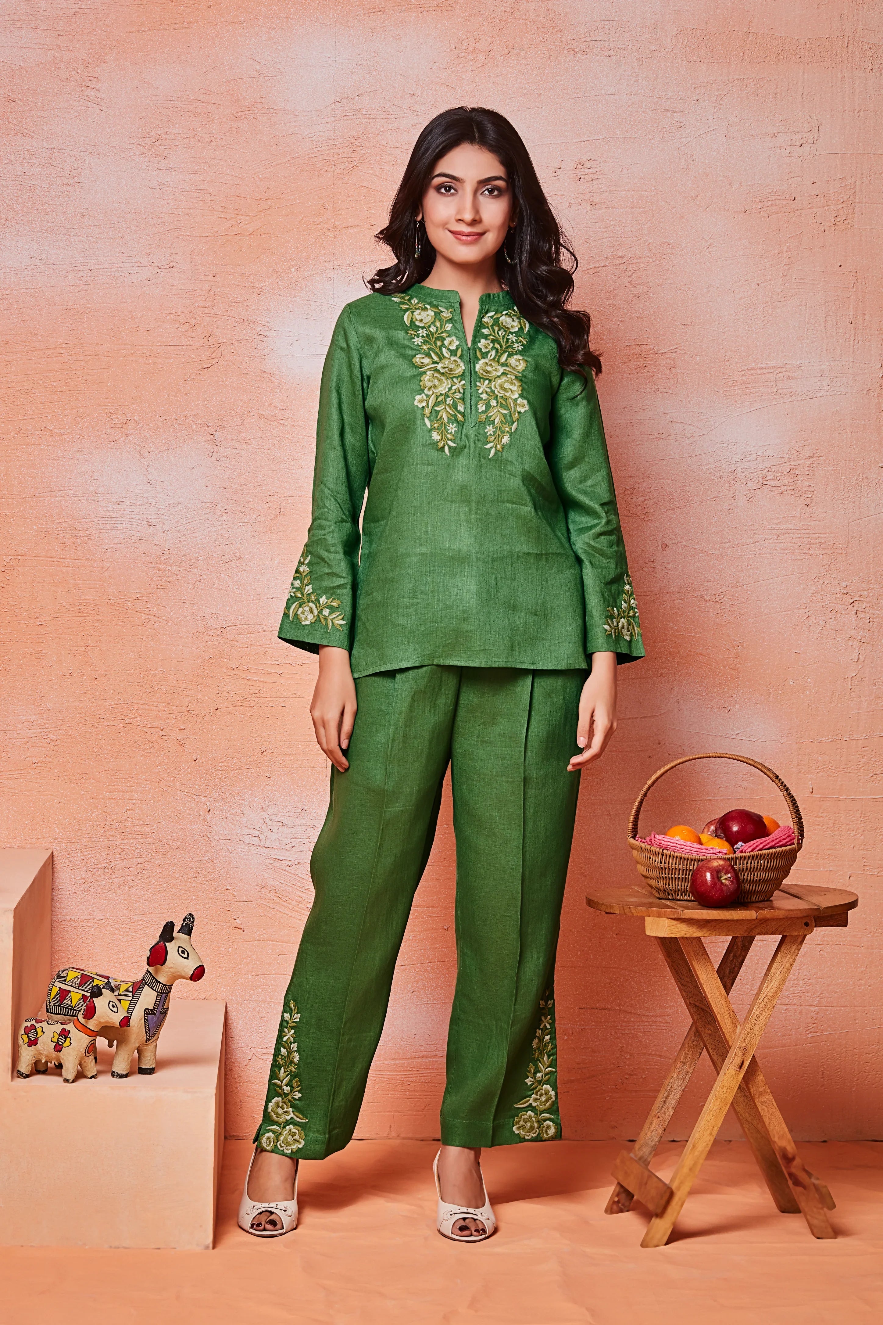 Meadow Green Linen Co-ord Set with Yellow and Ivory Floral Embroidery - Mokshaa