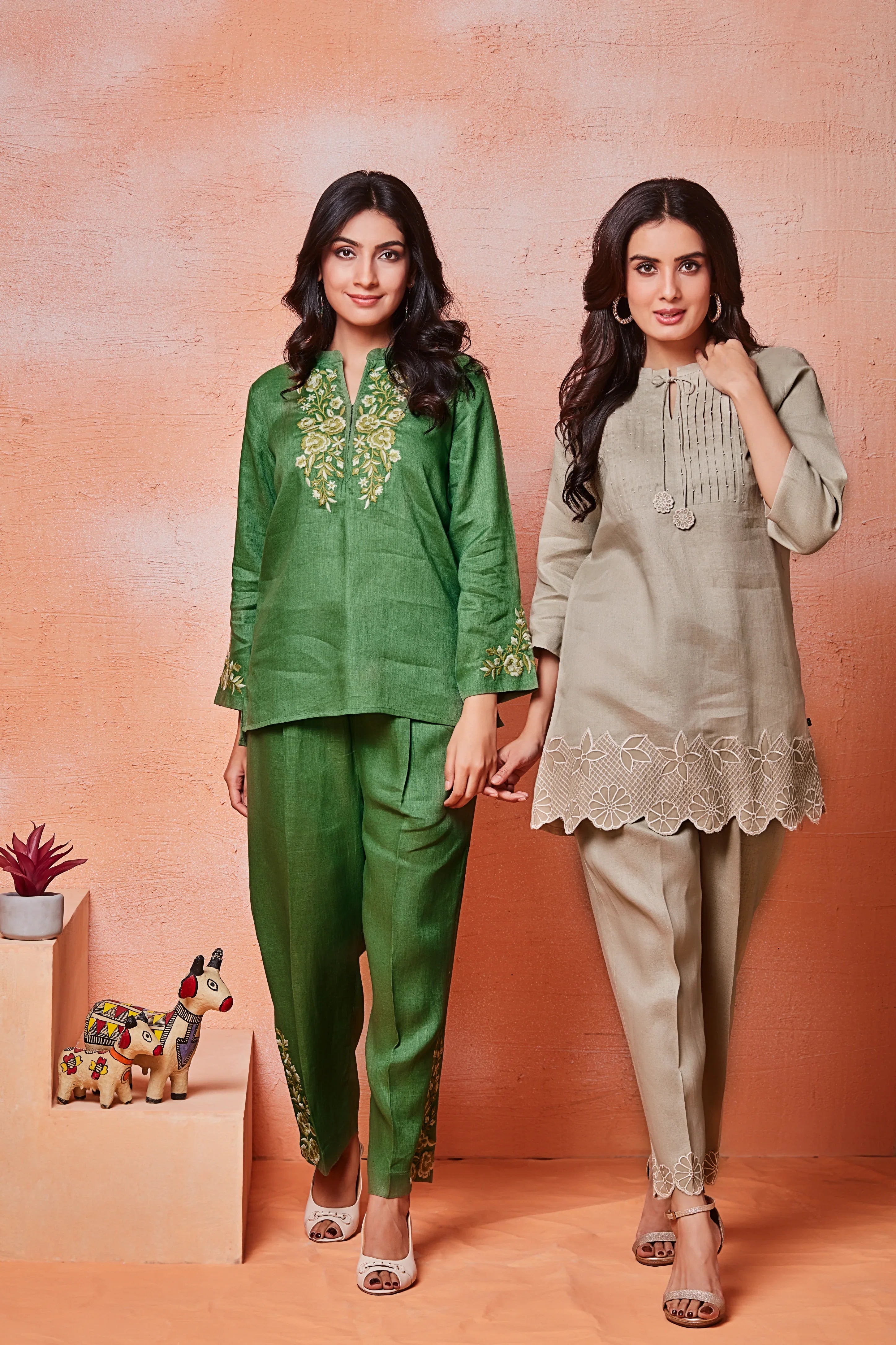 Meadow Green Linen Co-ord Set with Yellow and Ivory Floral Embroidery - Mokshaa