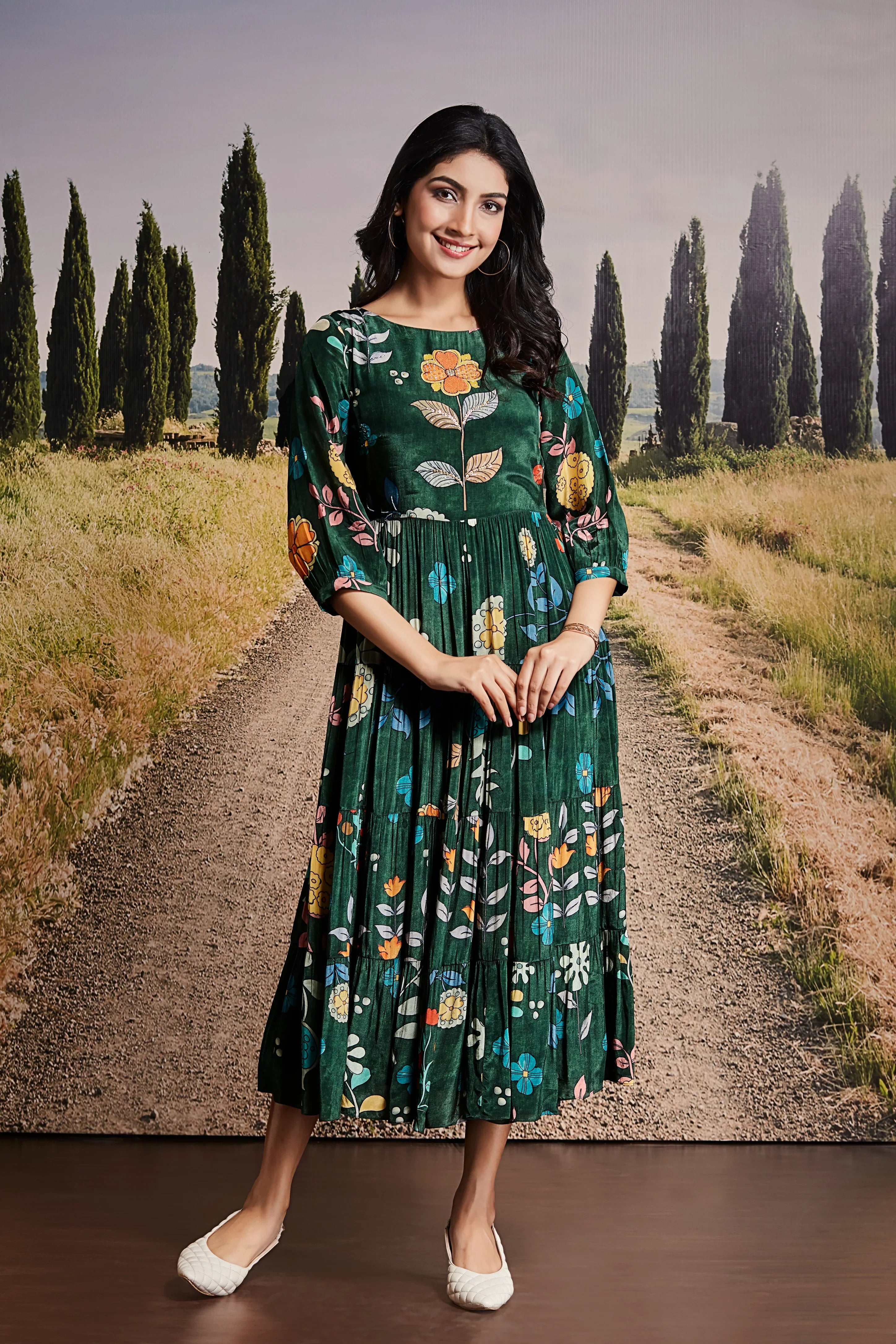 Green Cotton Midi Dress with Multicolour Floral Print - Mokshaa