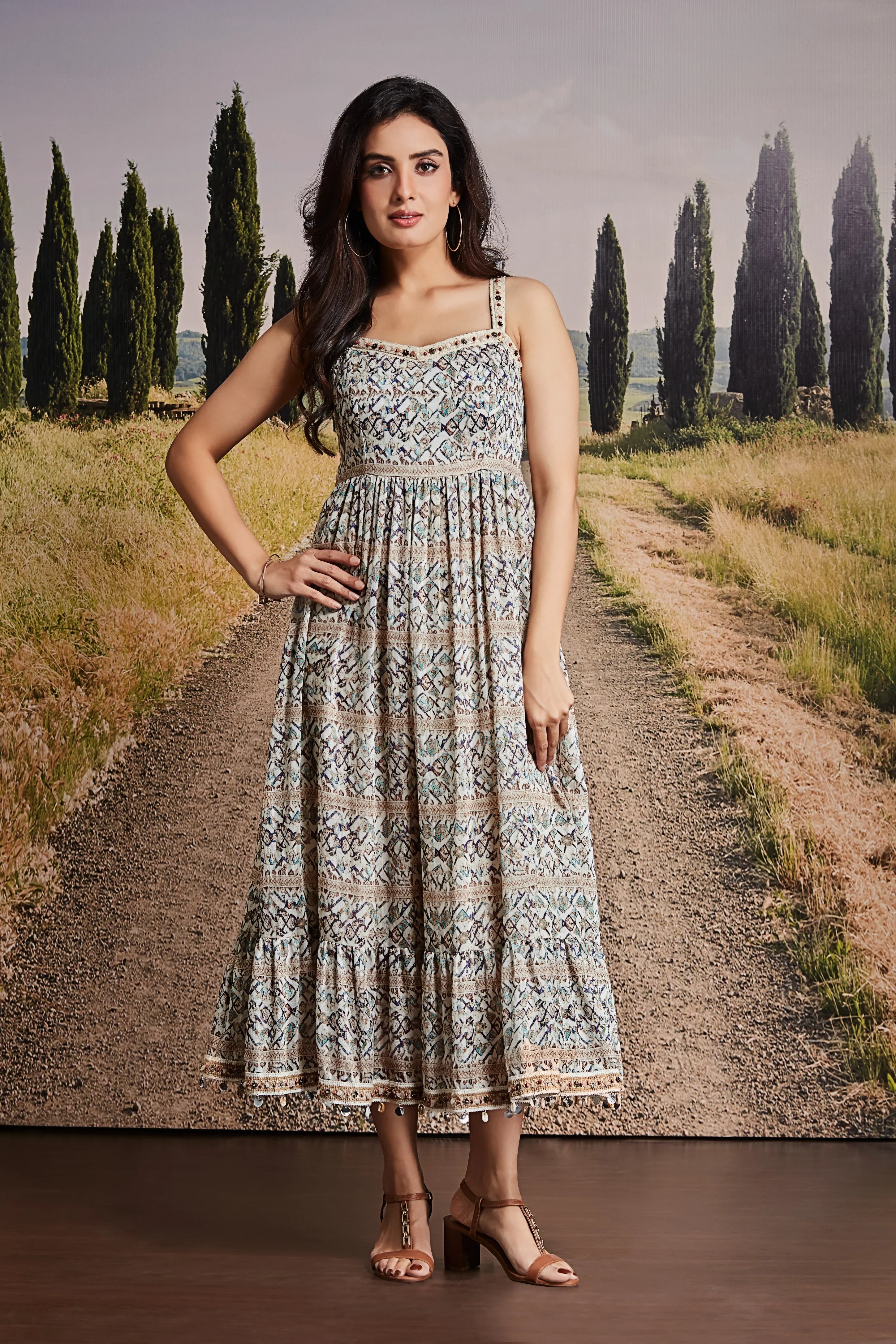 Beige Printed Cotton Midi Dress with Strappy Detailing - Mokshaa