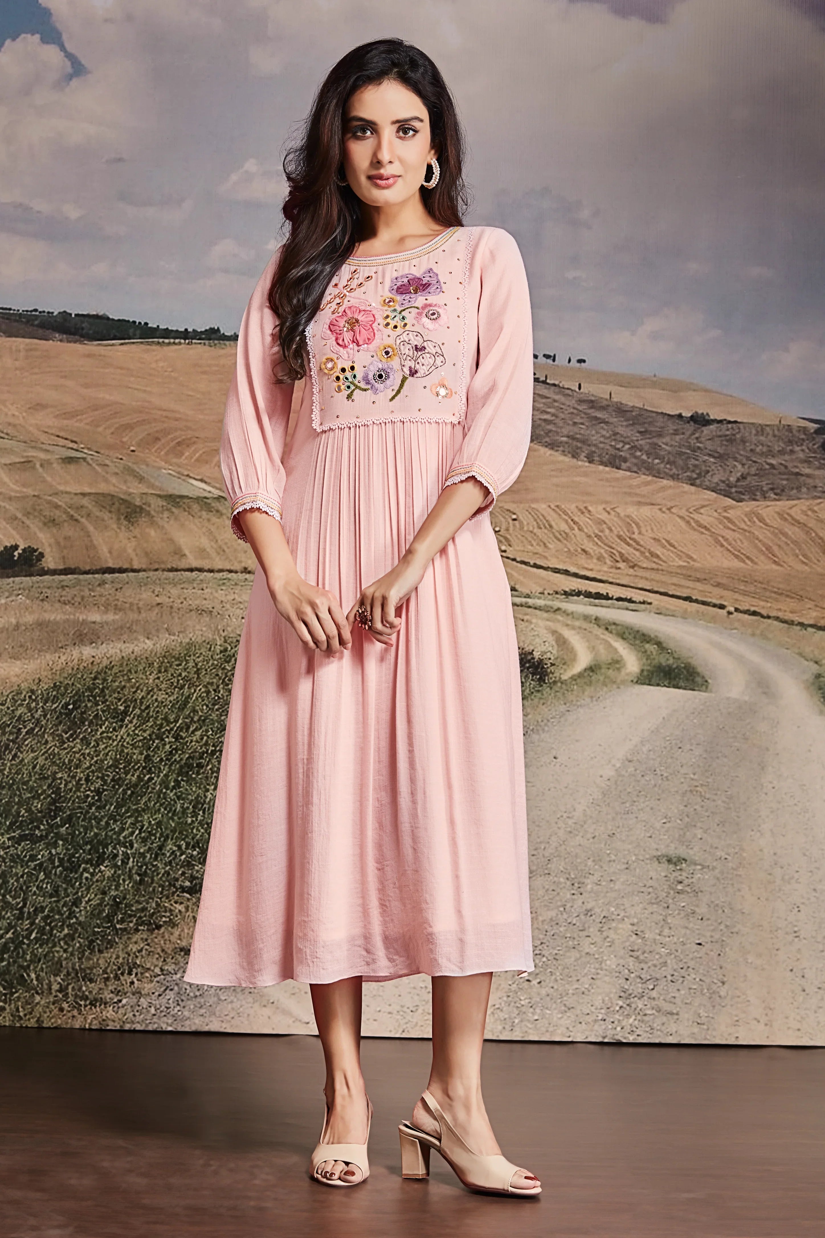 Pastel Pink Cotton Midi Dress with Embroidered Yoke - Mokshaa