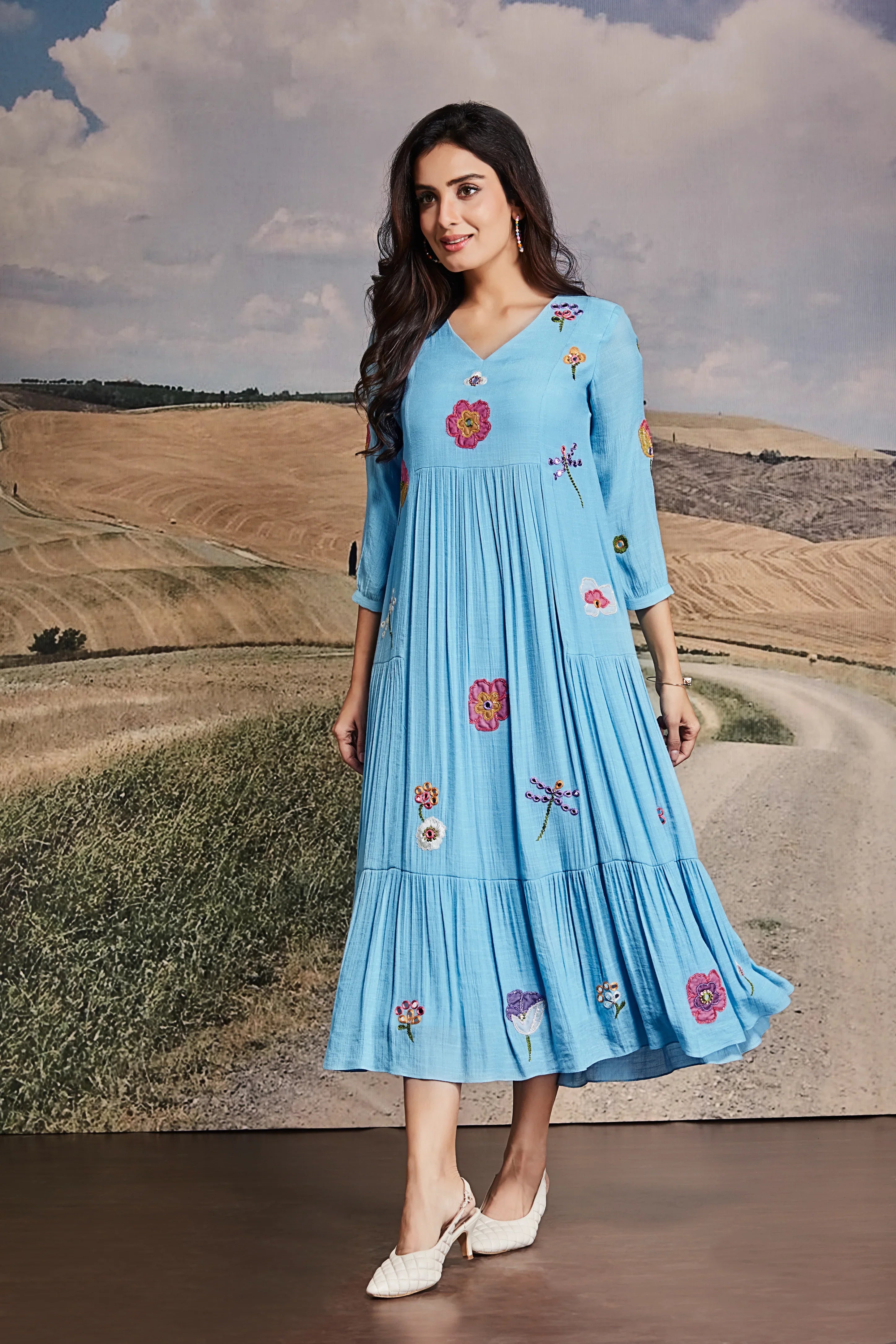 Embroidered Blue Cotton Midi Dress with Tiered Hem - Mokshaa