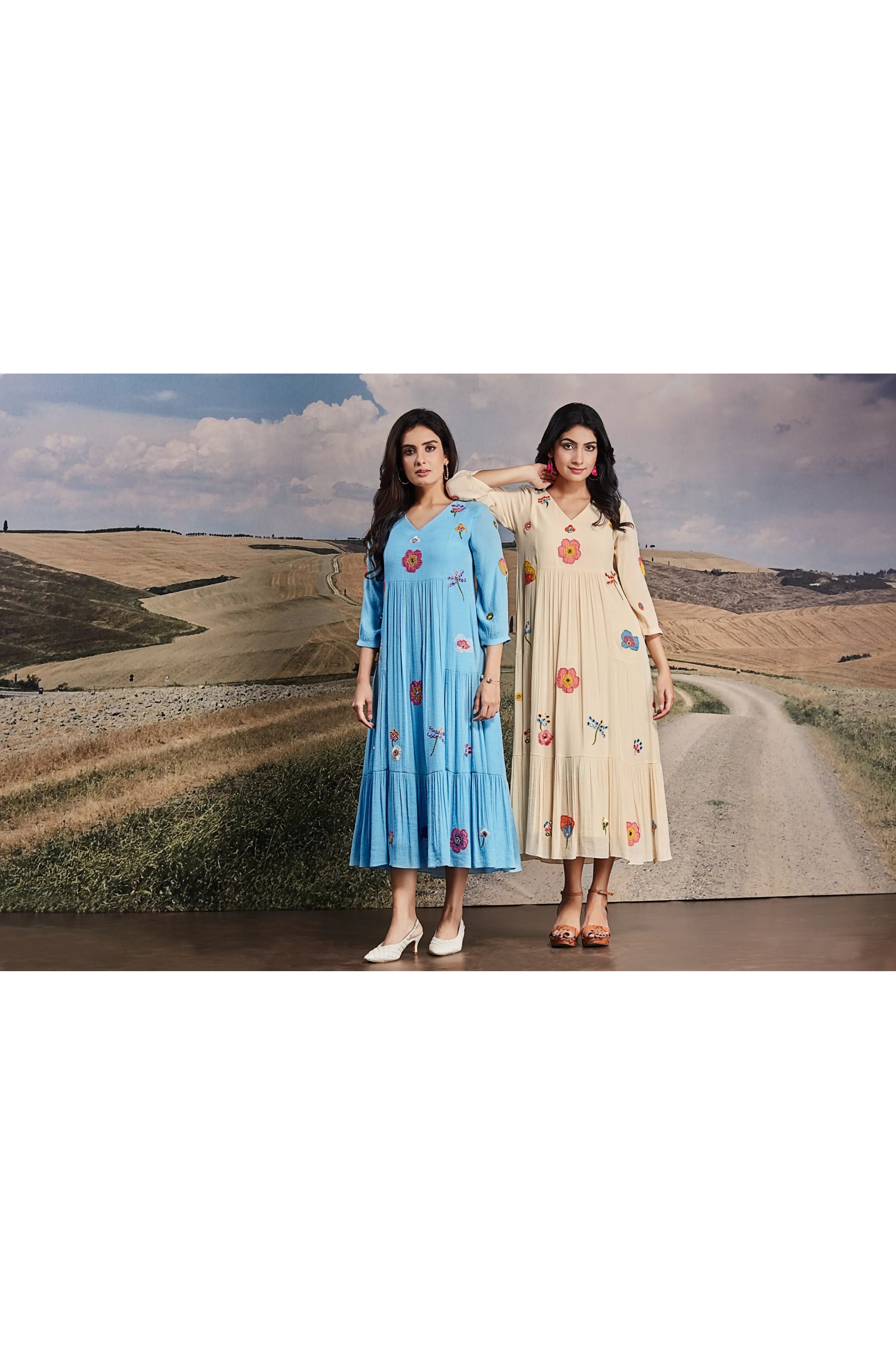 Embroidered Blue Cotton Midi Dress with Tiered Hem - Mokshaa