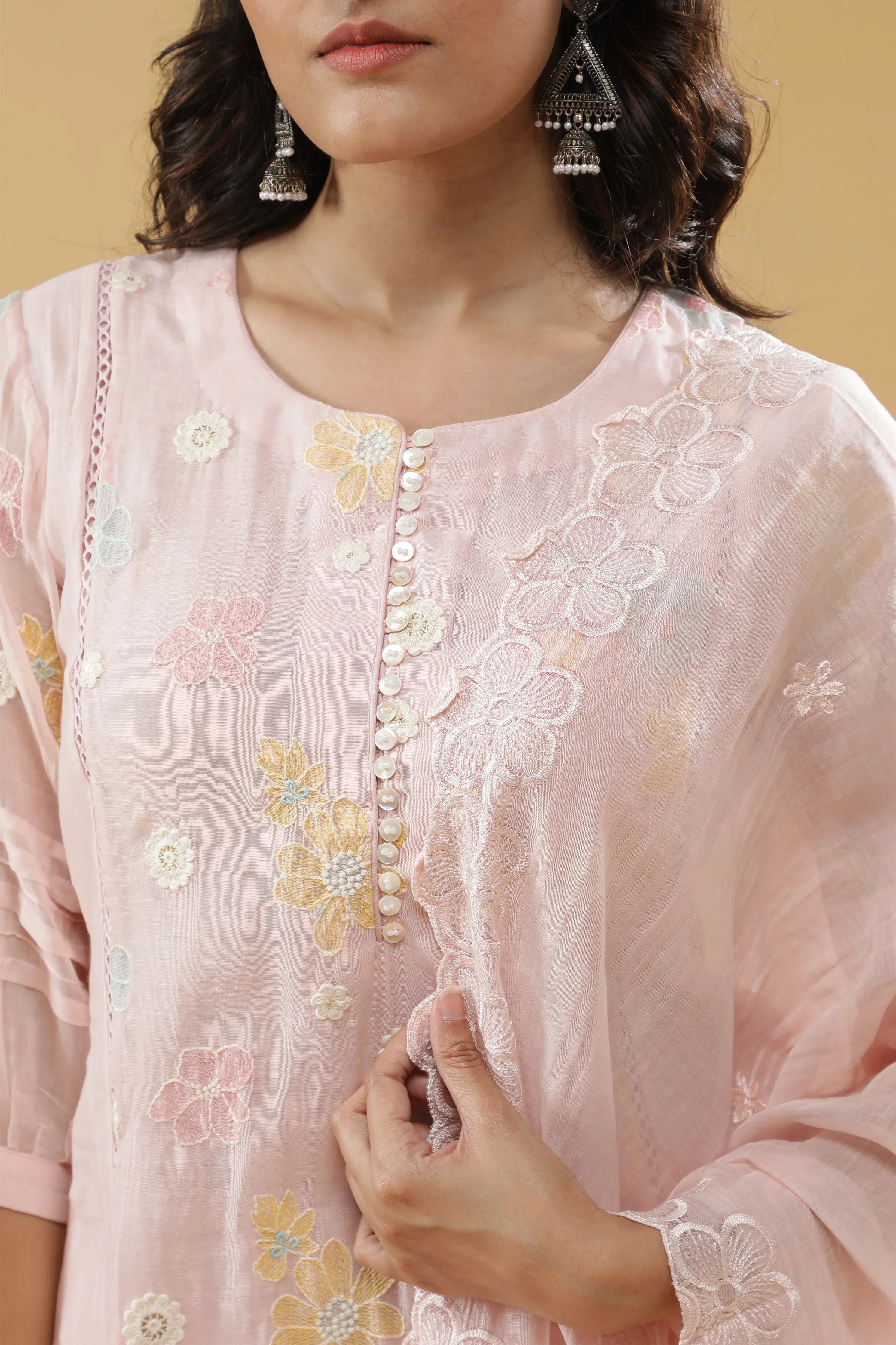 Baby Pink Mul Chanderi Straight-Cut Salwar Set - Mokshaa