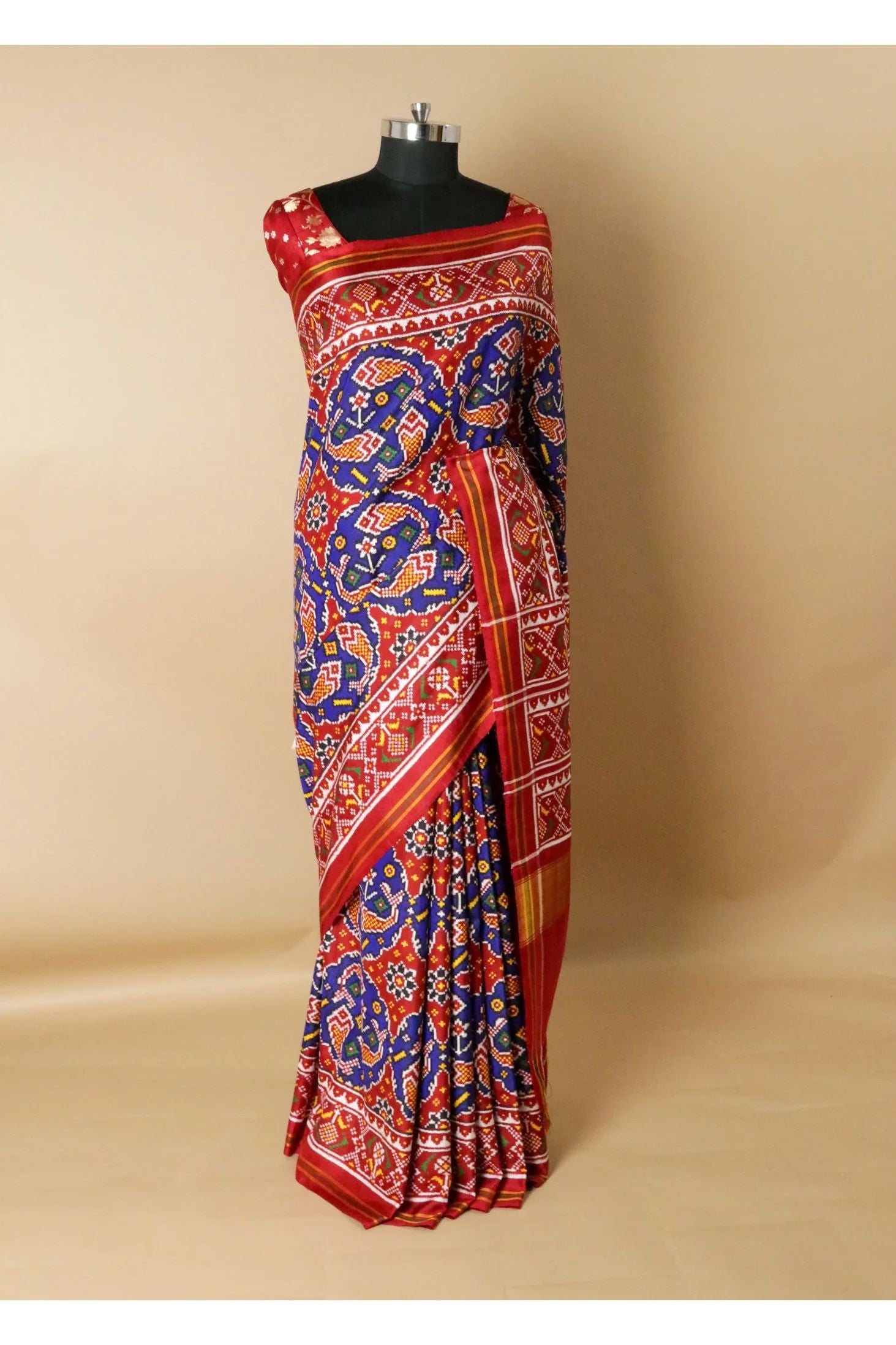 Royal Blue Patan Patola Saree with Red Contrast Border & Double Pallu - Mokshaa