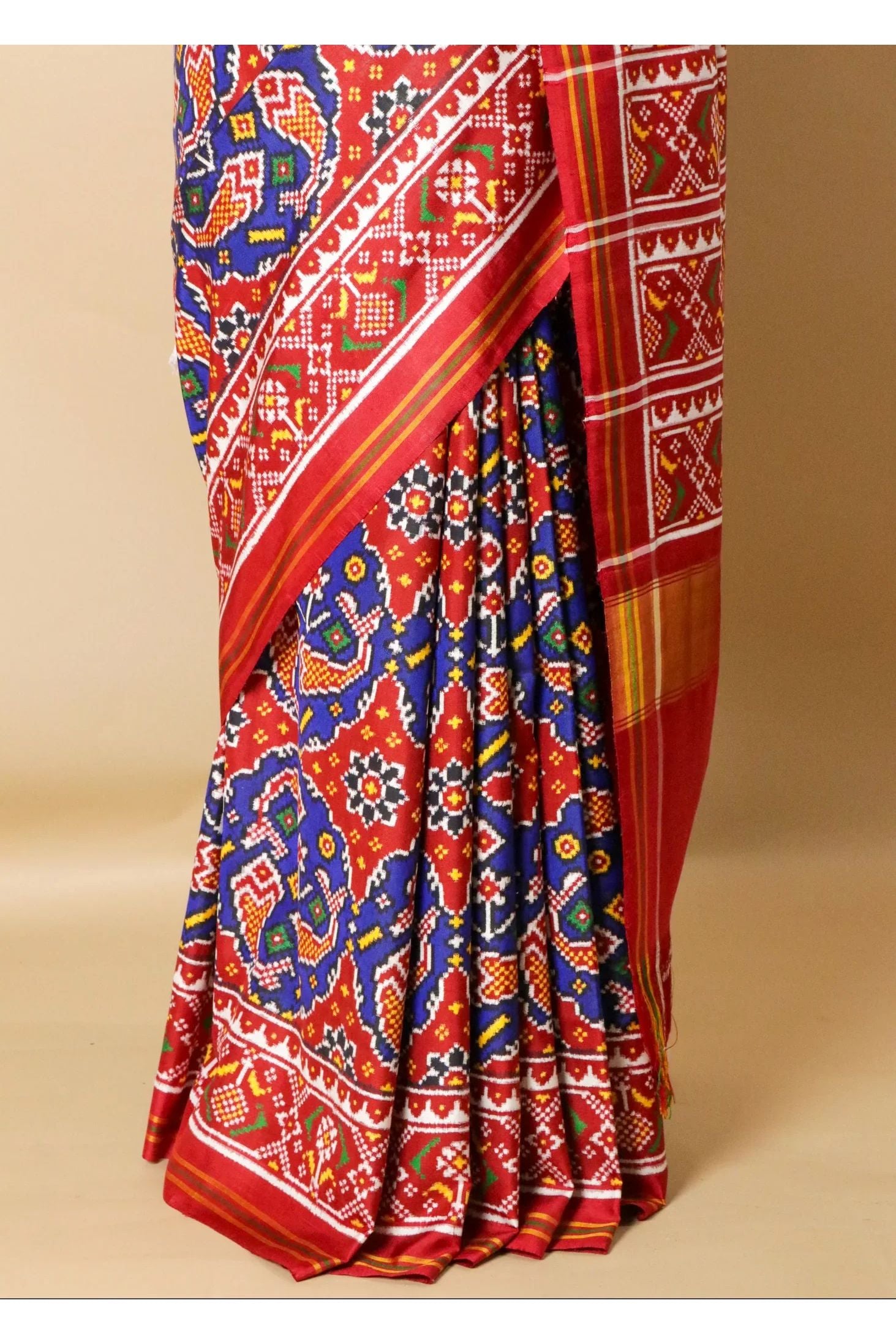 Royal Blue Patan Patola Saree with Red Contrast Border & Double Pallu - Mokshaa