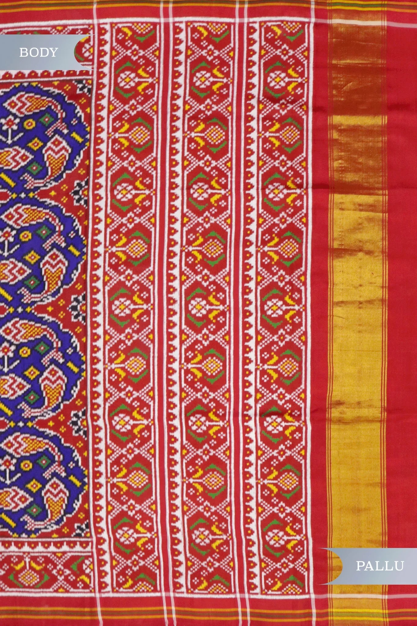 Royal Blue Patan Patola Saree with Red Contrast Border & Double Pallu - Mokshaa