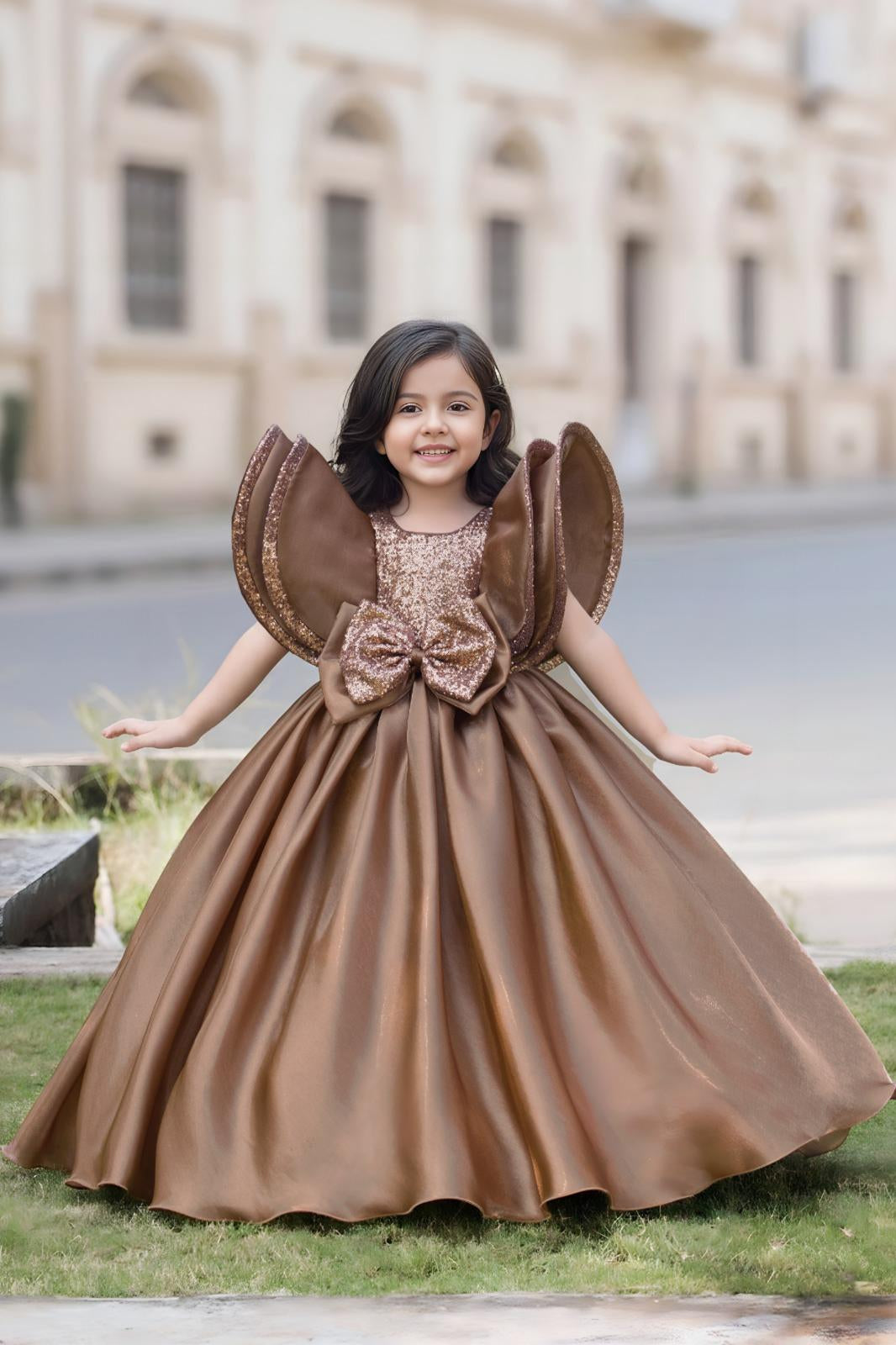 Bronze Sequin Bow Girls Party Wear Gown - Mokshaa