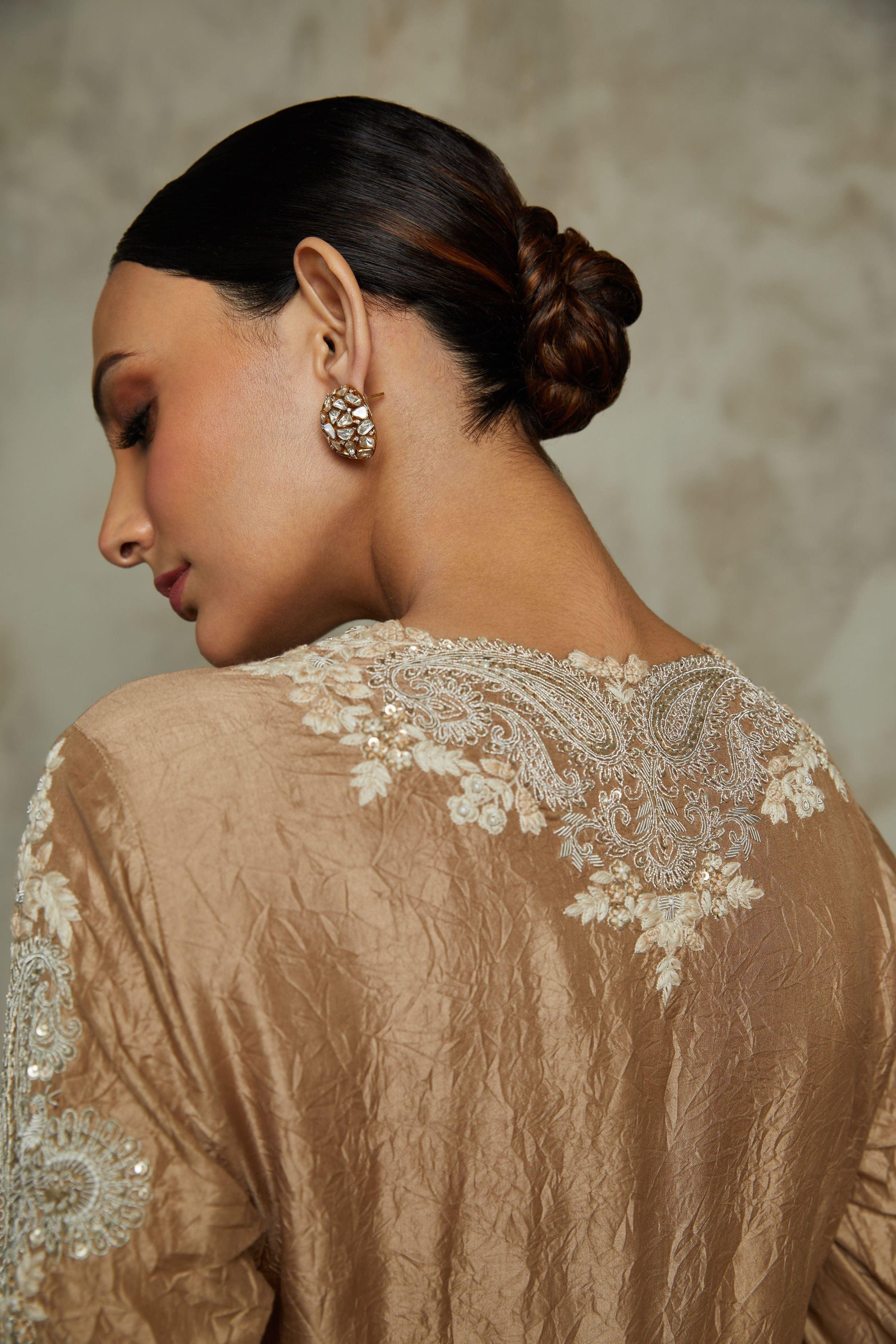 Beige Silk Crushed Kurta With Organza Dupatta - Mokshaa