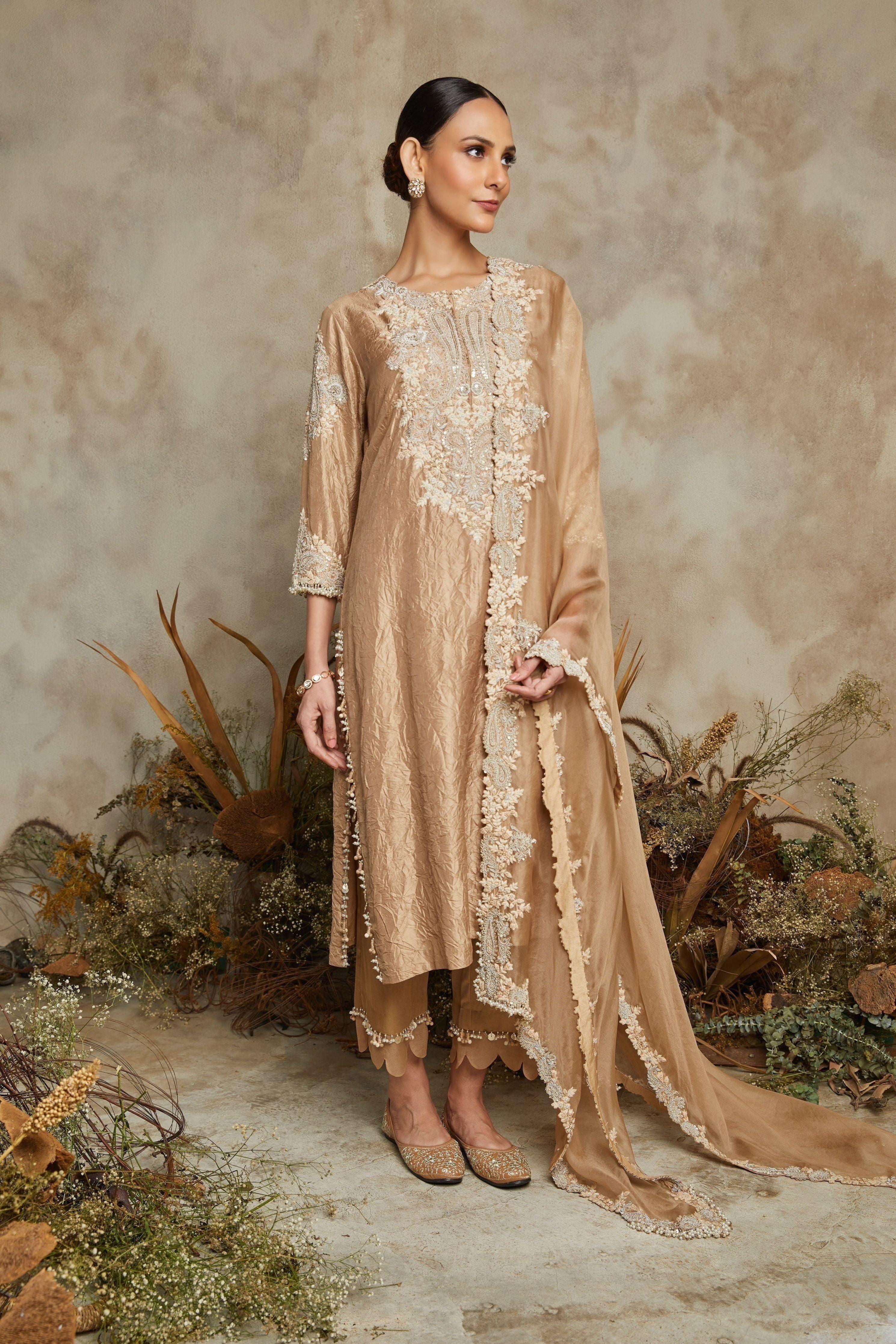 Beige Silk Crushed Kurta With Organza Dupatta - Mokshaa