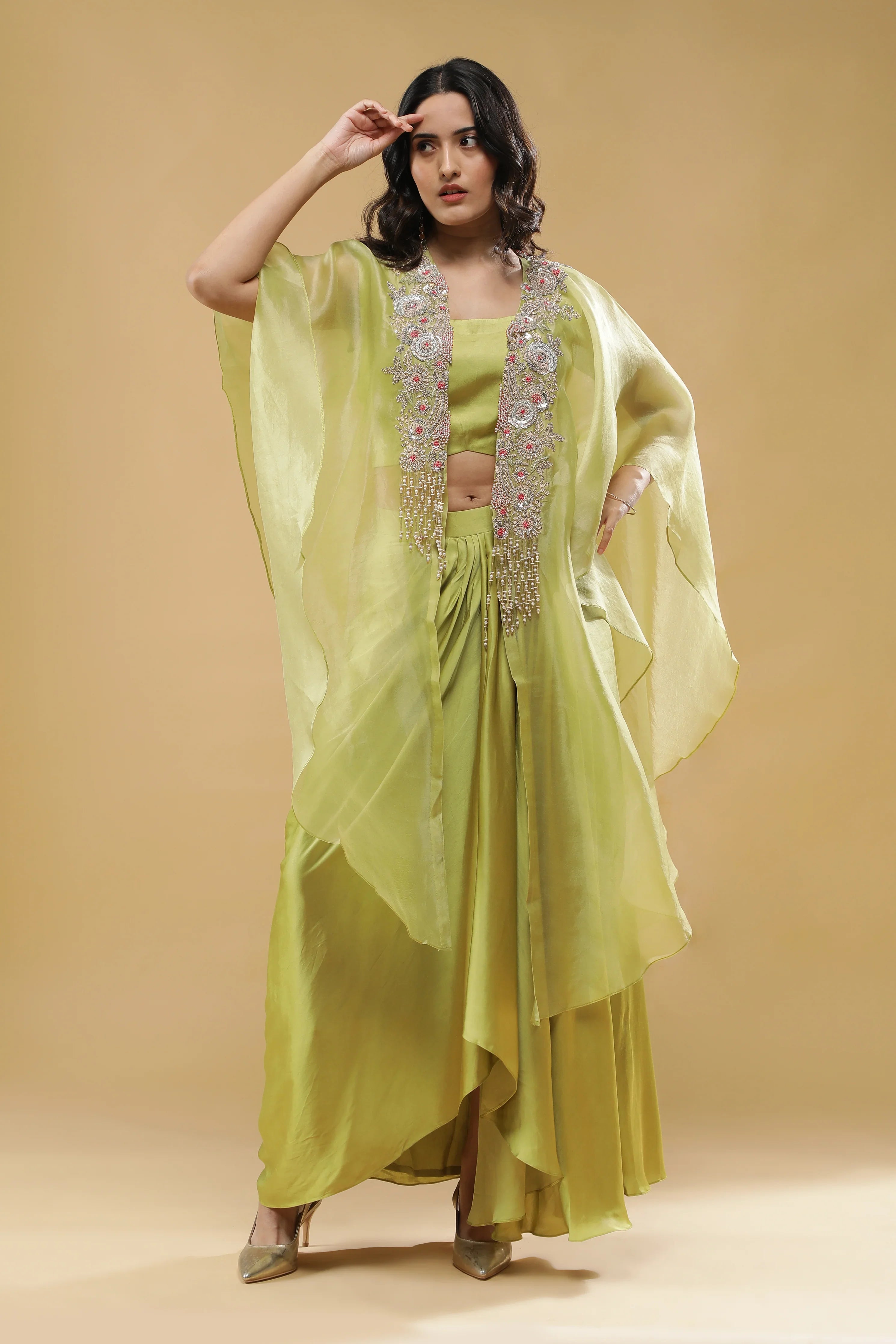 Lime Green Organza Cape with Satin Silk Skirt Set - Mokshaa