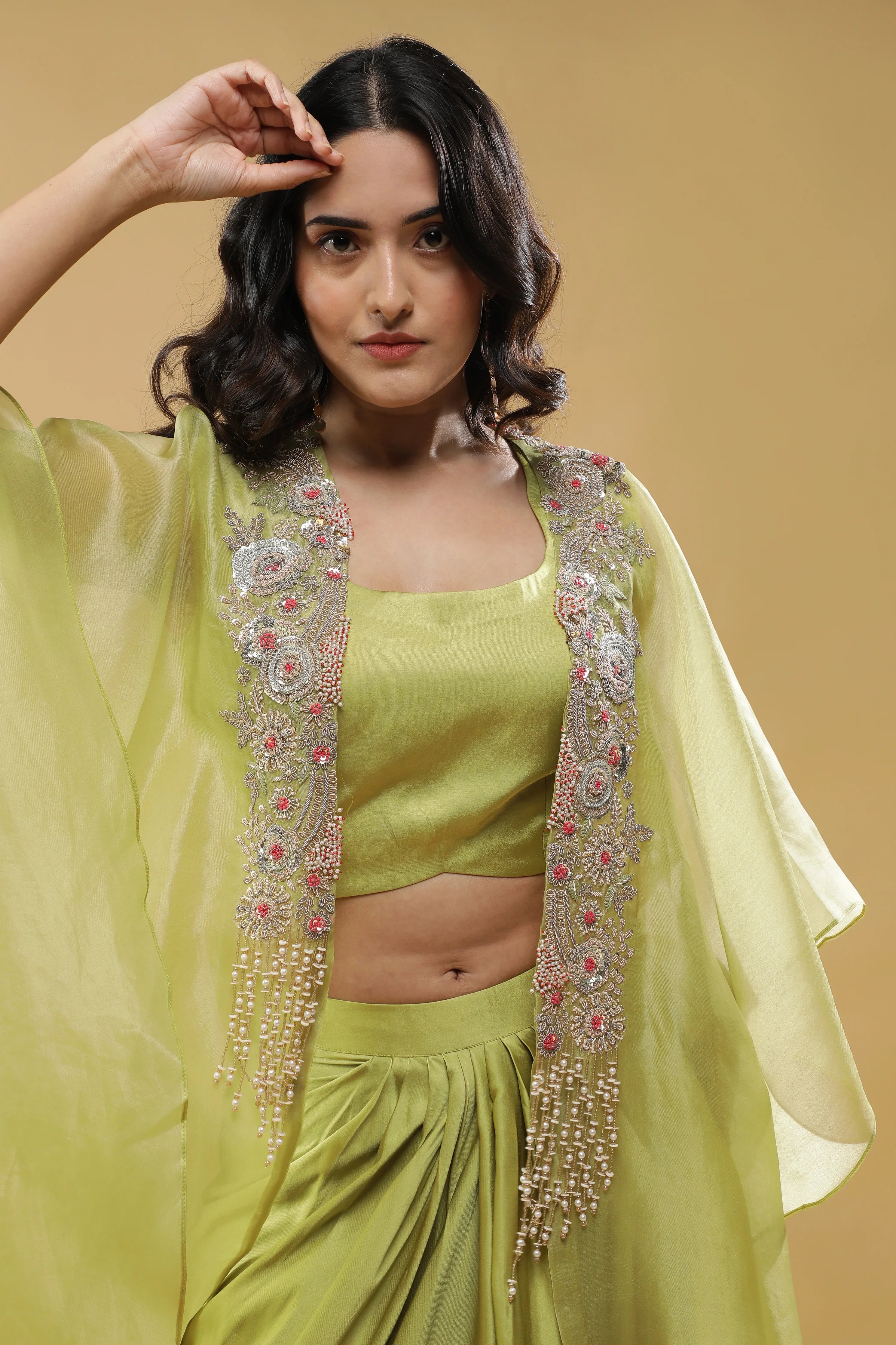 Lime Green Organza Cape with Satin Silk Skirt Set - Mokshaa