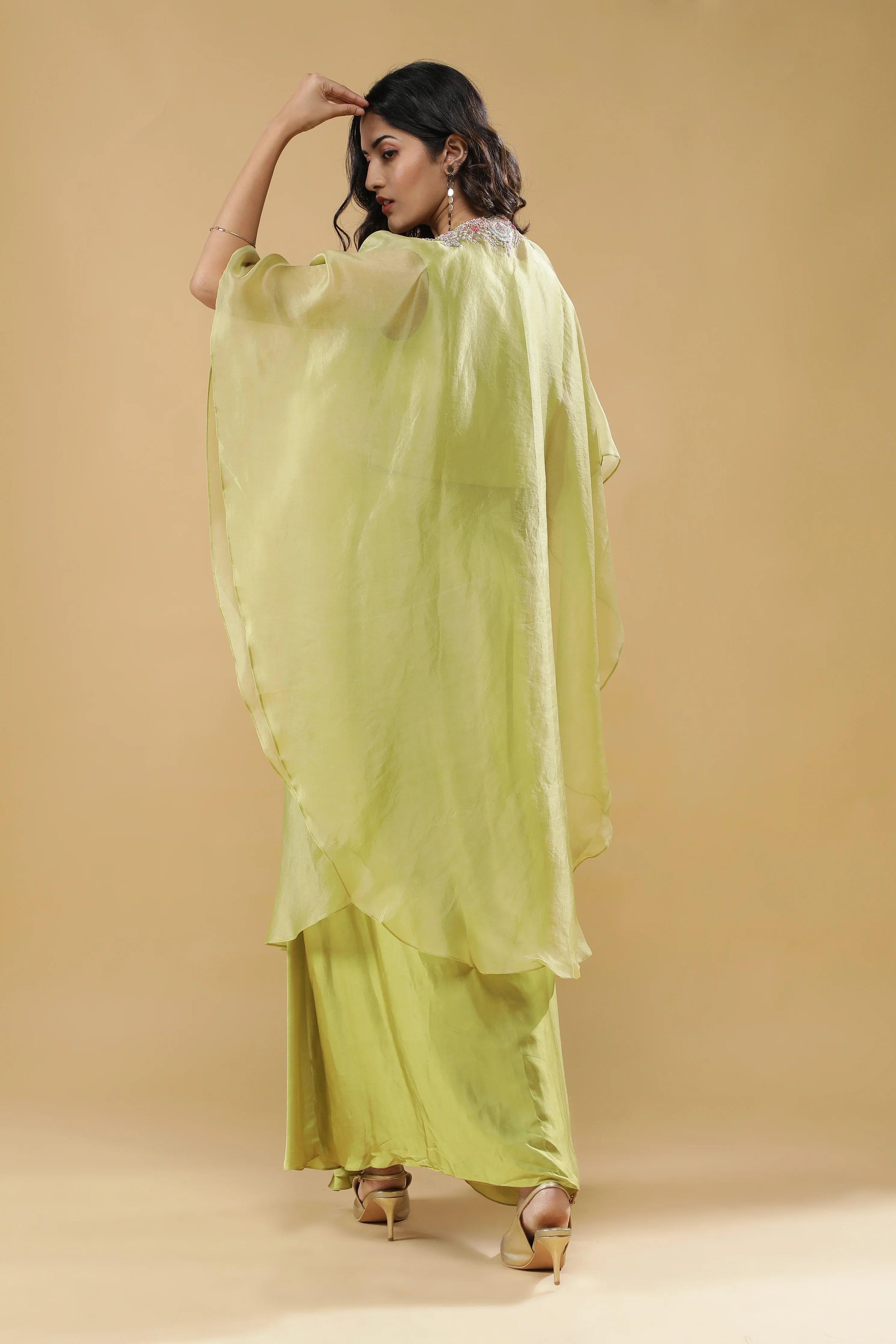 Lime Green Organza Cape with Satin Silk Skirt Set - Mokshaa