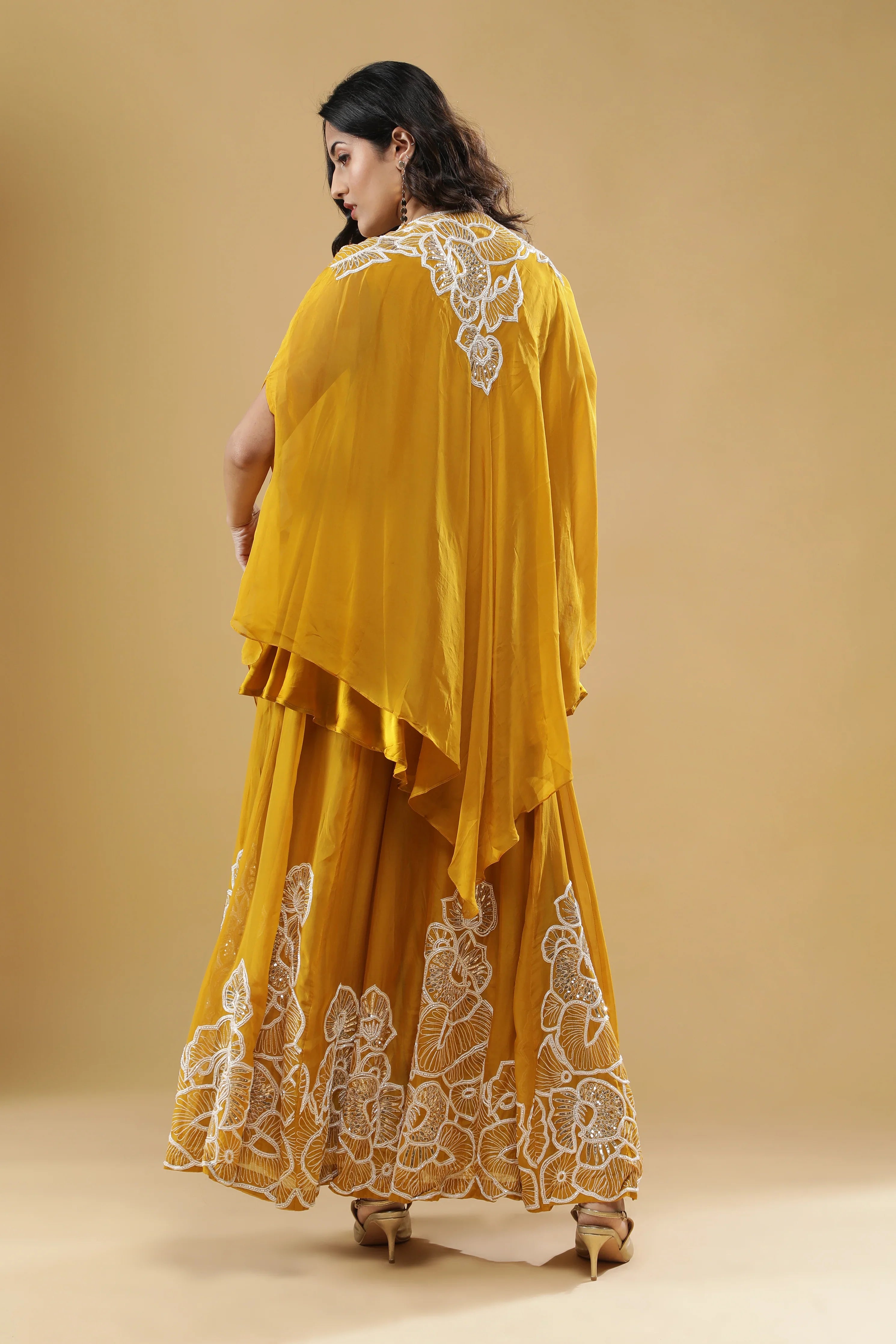 Yellow Organza Cape Set - Mokshaa